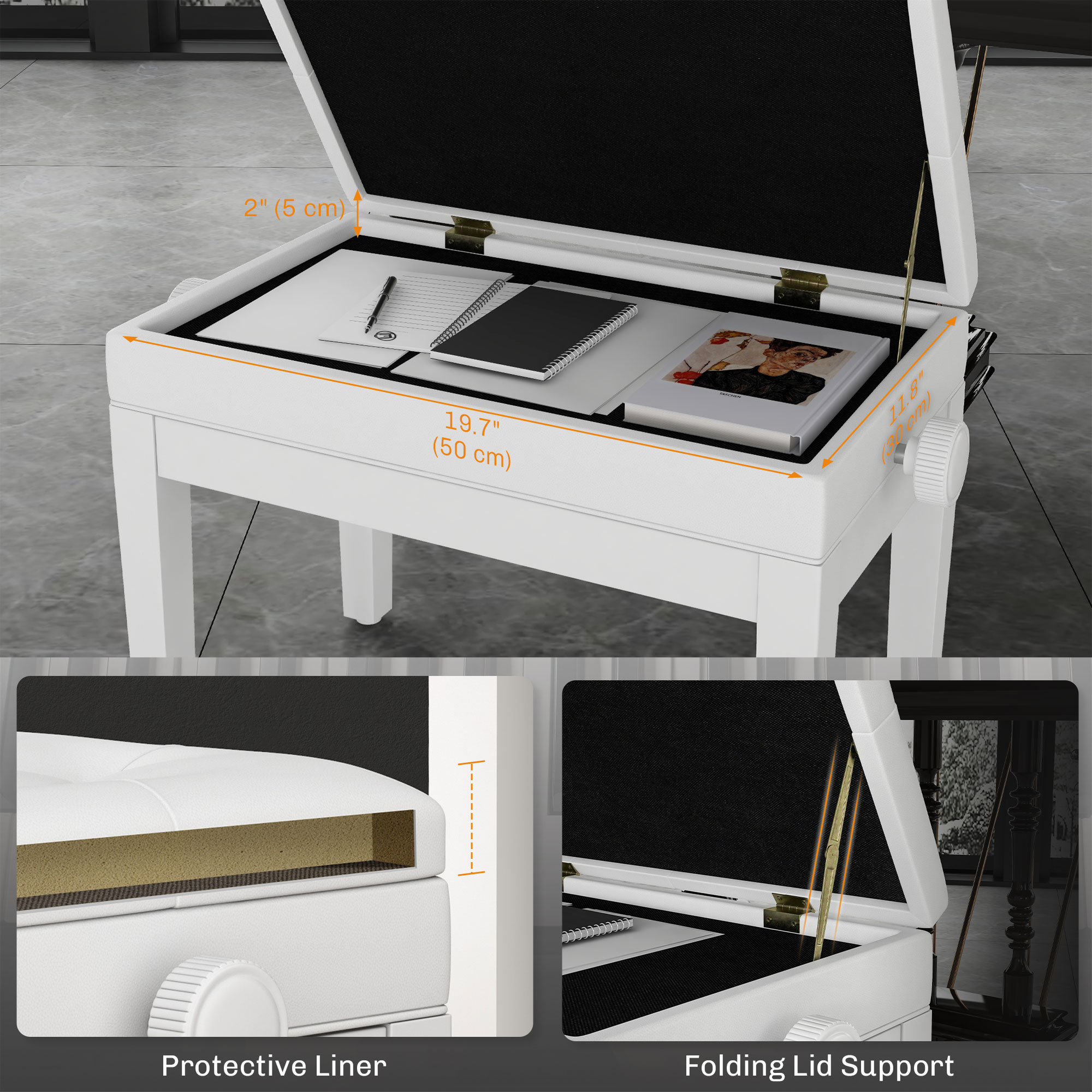  Scaun de Pian Reglabil cu Compartiment de Depozitare si sezut capitonat, 54.5x33x48-58 cm, Alb [5]