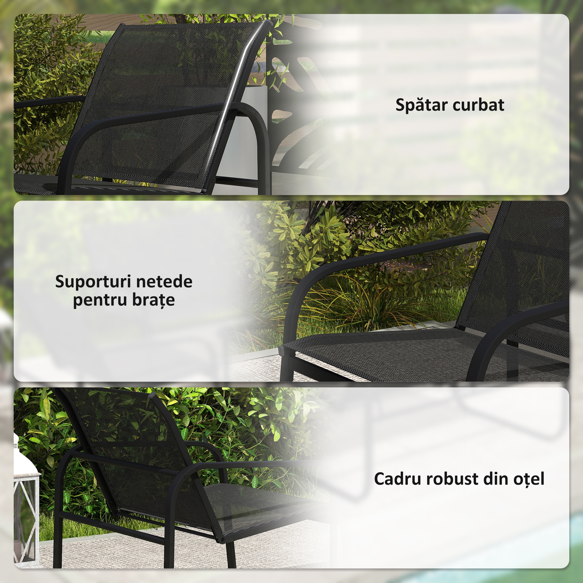  Set de Gradina cu 2 Canapele cu 2 Locuri, 2 Fotolii si o Masuta de Cafea cu Blat din Sticla, Negru [5]