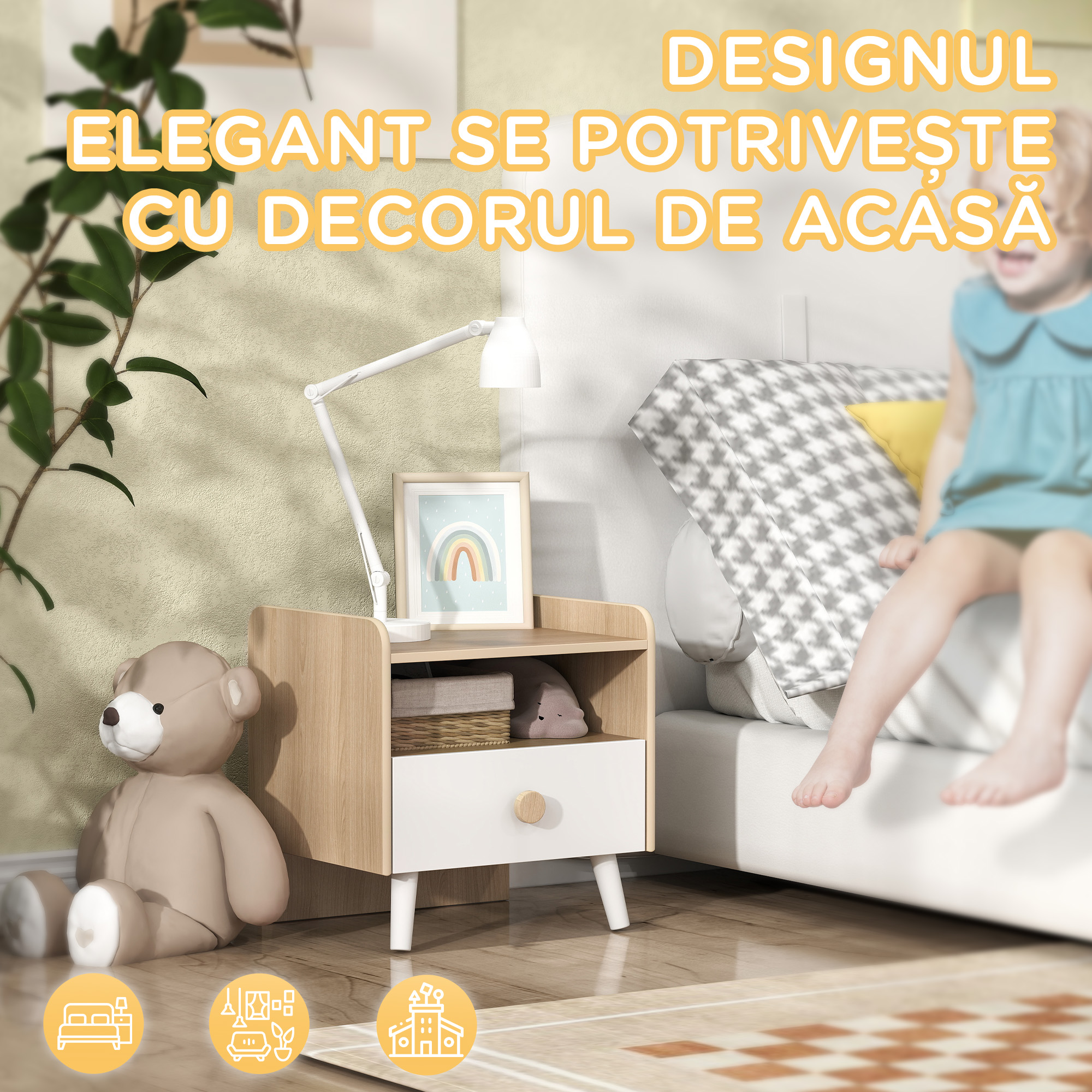  Noptiera cu Sertar pentru Copii 3-10 Ani, cu Design Minimalist pentru Dormitor, 40x32,5x40 cm, Lemn Natural [4]