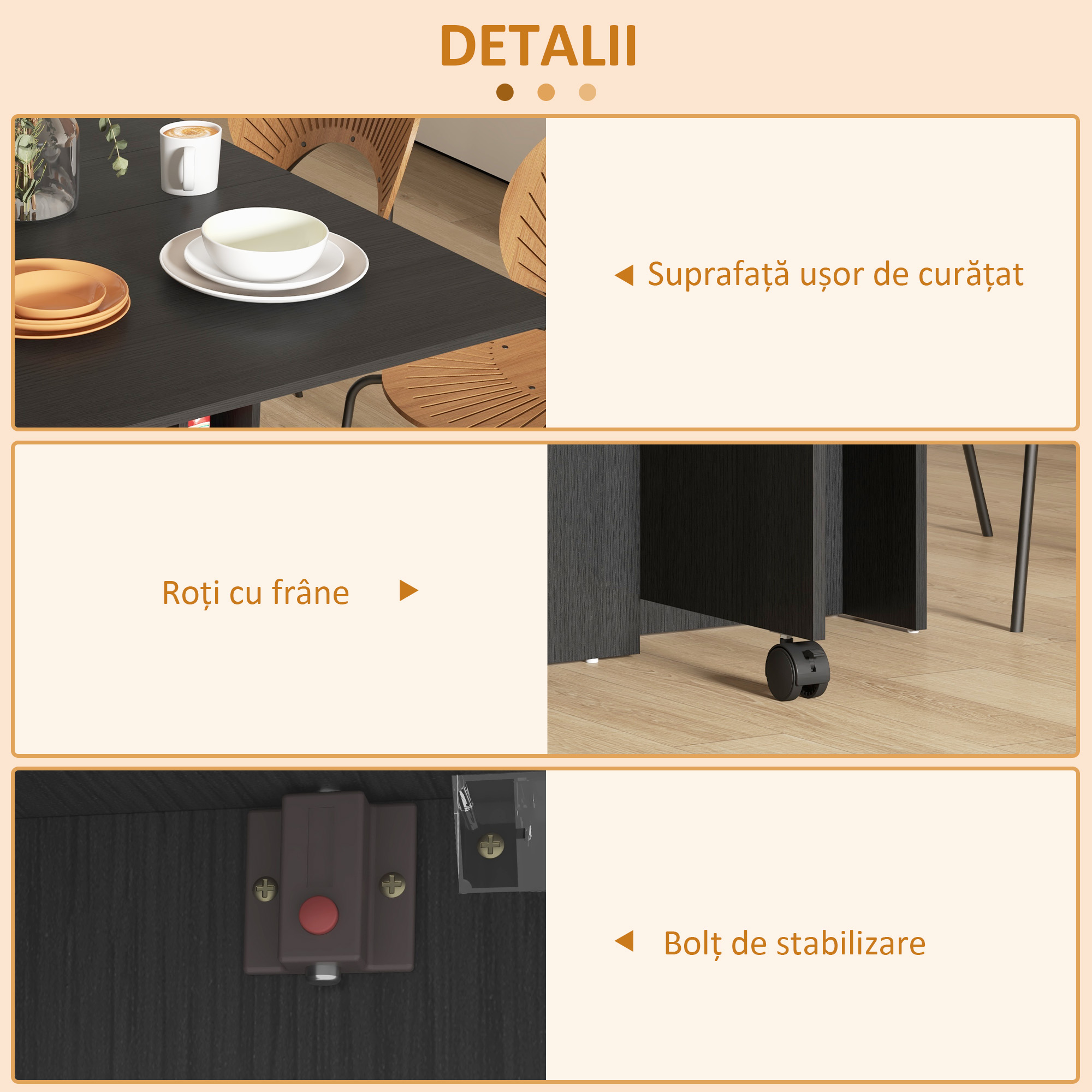  Masa pliabila compacta cu 2 extensii pentru 6 persoane, cu rafturi si roti, negru [4]