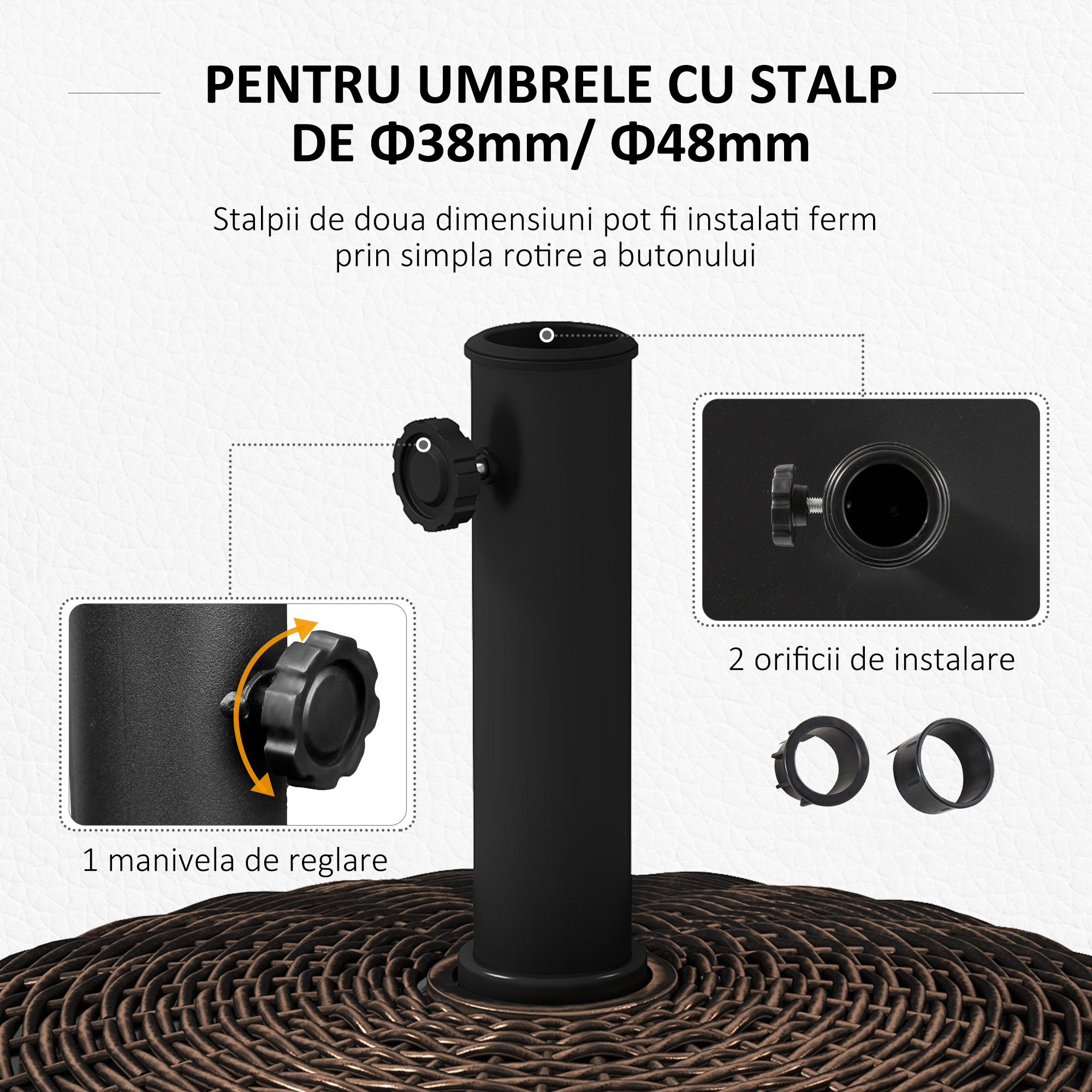  Baza pentru Umbrela de Gradina Rotunda cu 4 Roti si Frane, din Otel si Rasina, Ø52x41 cm, Bronz si Negru [4]