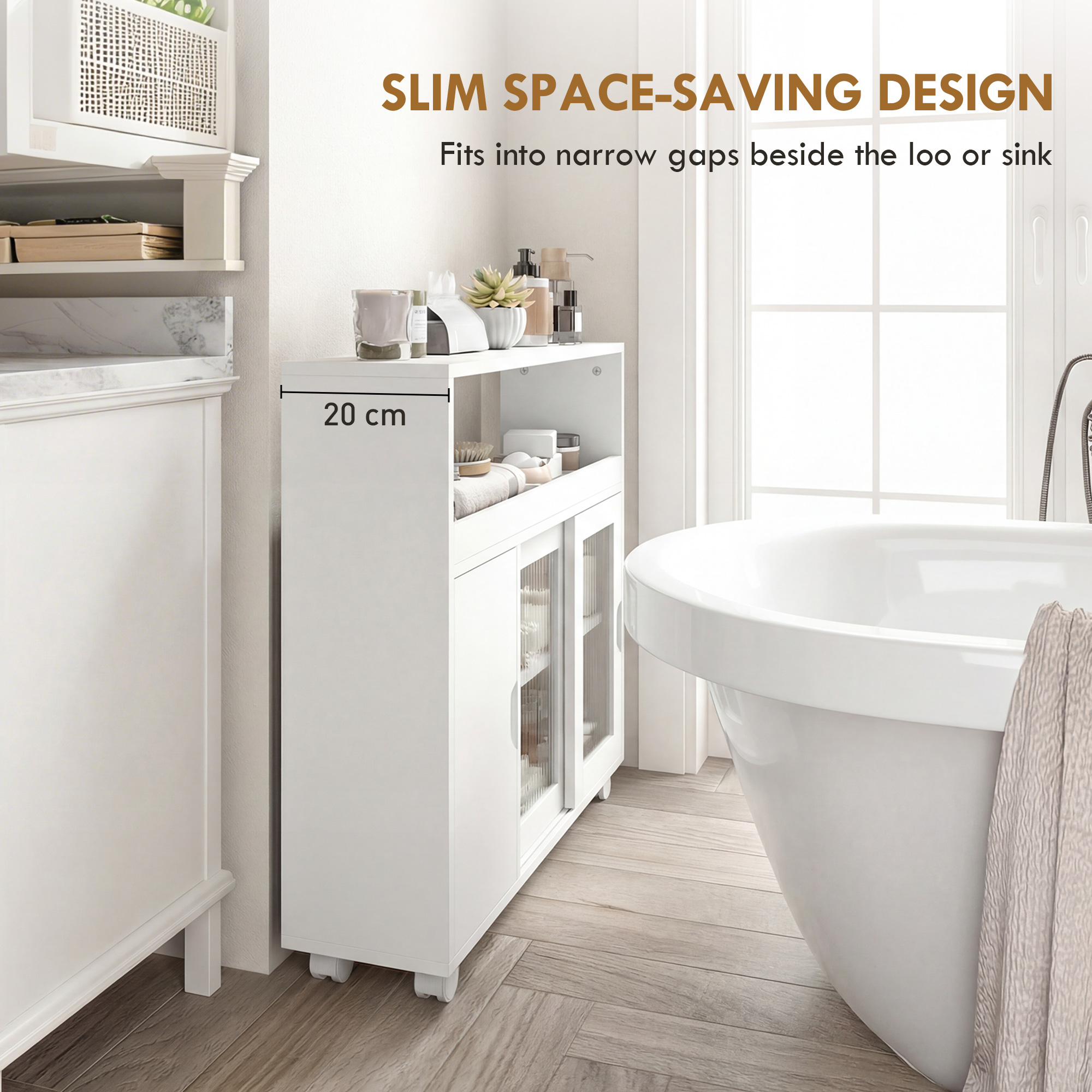  Dulap pentru Baie pe Rotile din Lemn cu Spatiu Deschis, Rafturi Reglabile si Usi din Sticla, 71x20x70 cm, Alb [4]