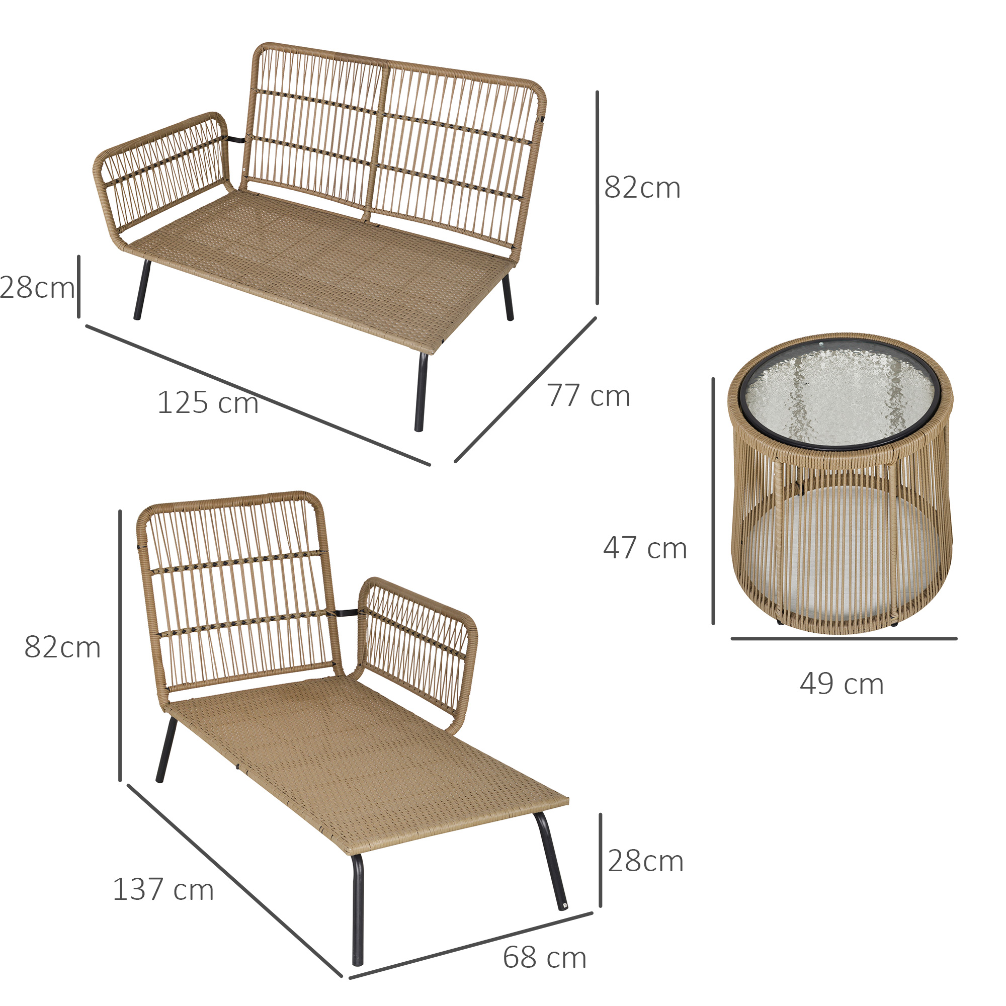  Set 3 Piesei Canapea 2 Locuri Sezlong si Masuta, Bej si Cafeniu [2]