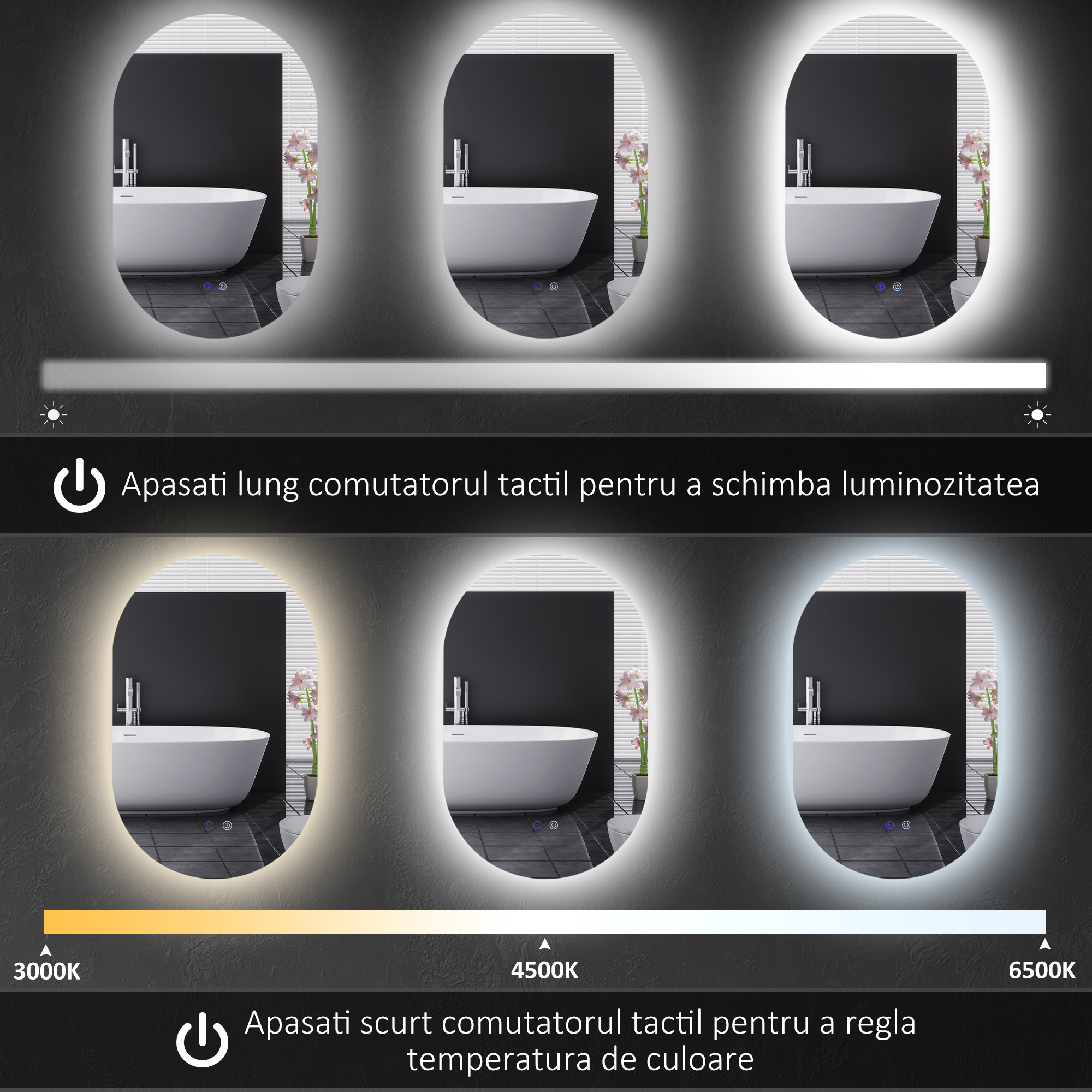  Oglinda de Baie LED Antiaburire cu Luminozitate Reglabila, din Sticla si Aluminiu, 81x51x4.5 cm [3]