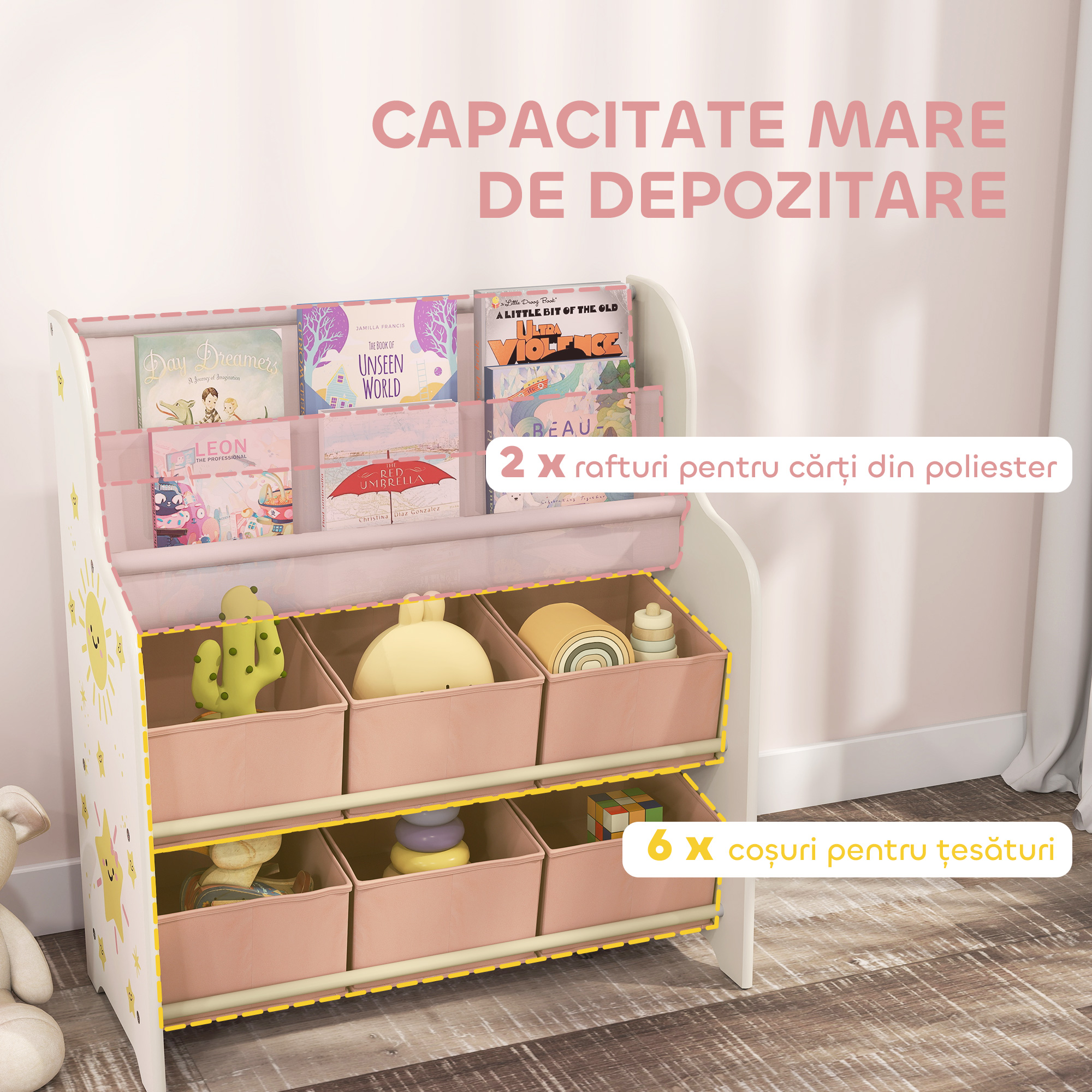  Raft pentru Jucarii cu 6 Sertare si Biblioteca cu 2 Nivele Roz [3]