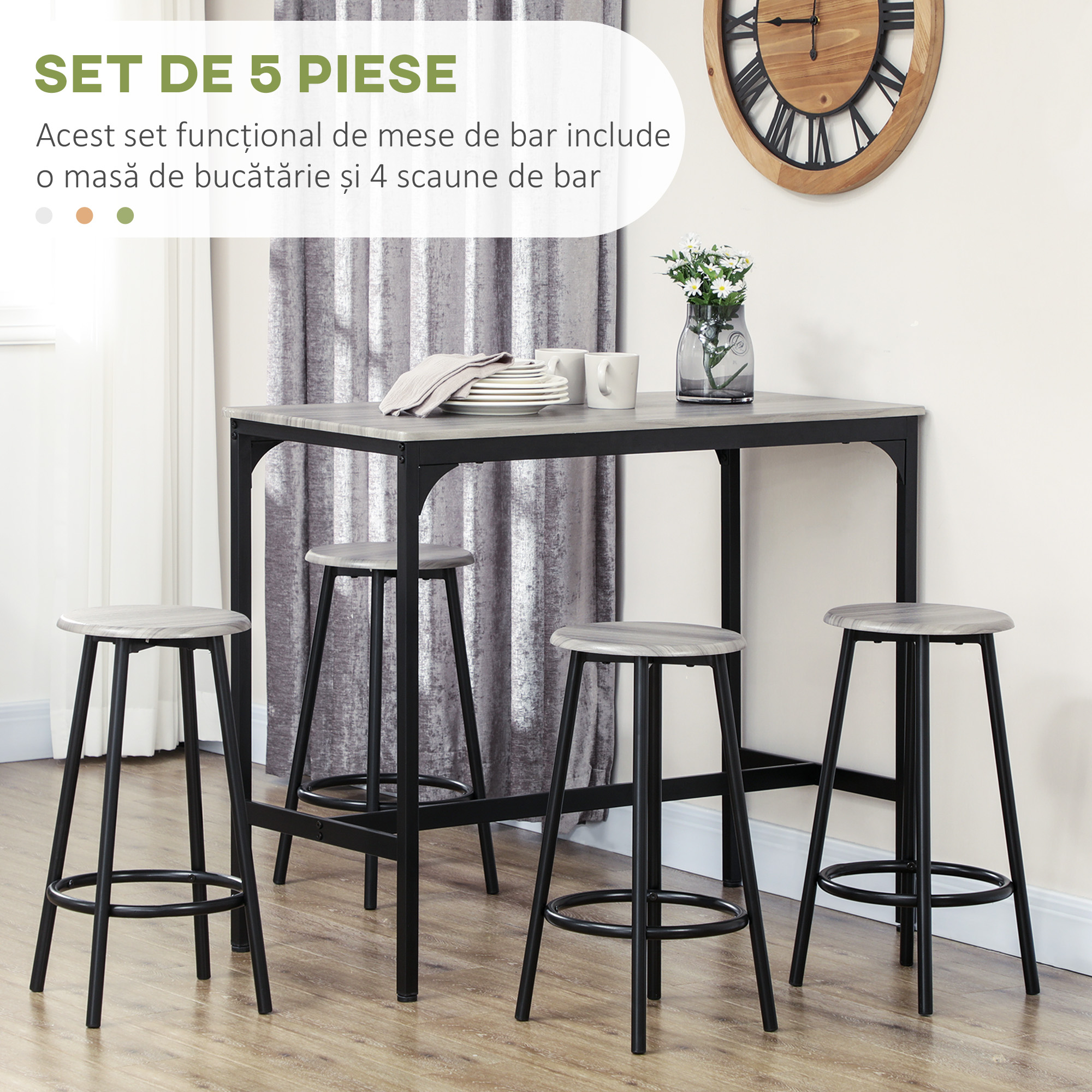  Set Masa de Bar si 4 Scaune cu Suport pentru Picioare, 110x50x89.5 cm, Gri [3]
