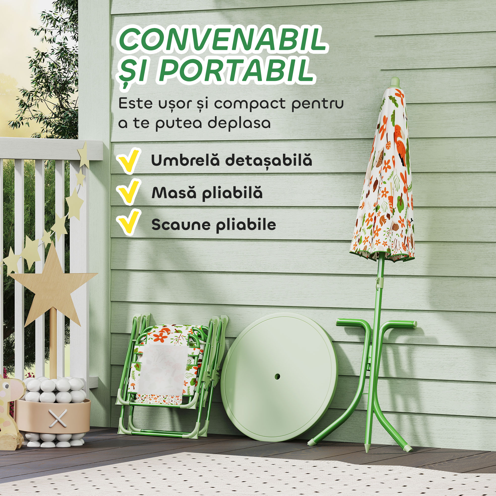 Set de Mobilier de Gradina din 4 Piese cu Masa, Scaune si Umbrela de Soare Reglabila, 50xΦ49,5 cm, Verde [5]