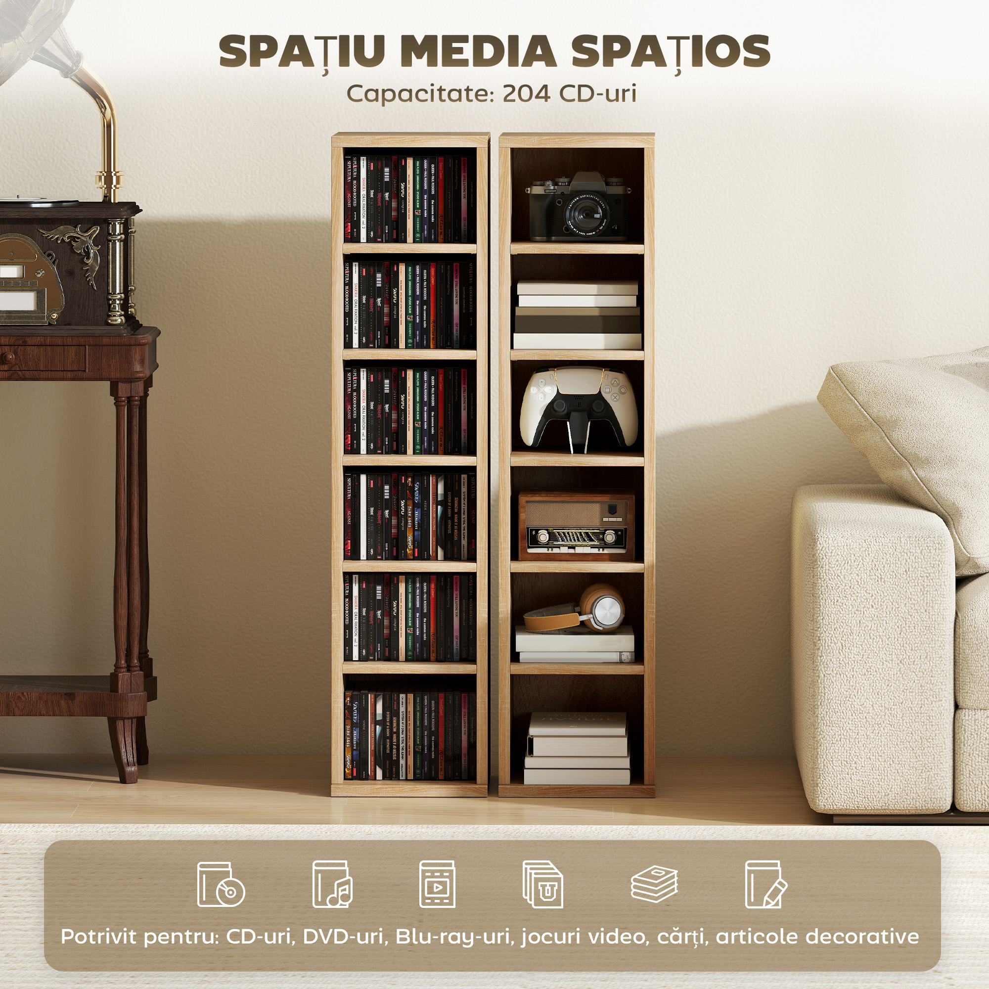  Set de 2 Rafturi pentru CD-uri cu Polite Reglabile, Capacitate 204 CD-uri, Design Compact, 21x22,5x88,5 cm, Stejar [3]