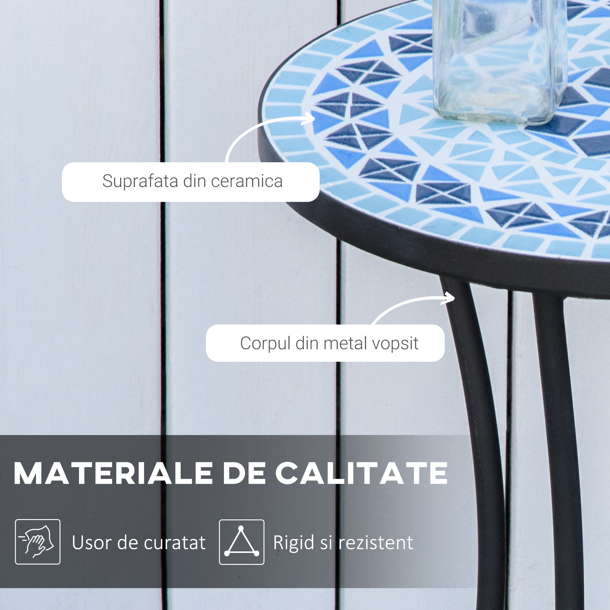 Masuta de Gradina Rotunda din Metal  cu Blat din Ceramica, Design tip Mozaic, Ф35,5x53,5 cm, Albastru [5]