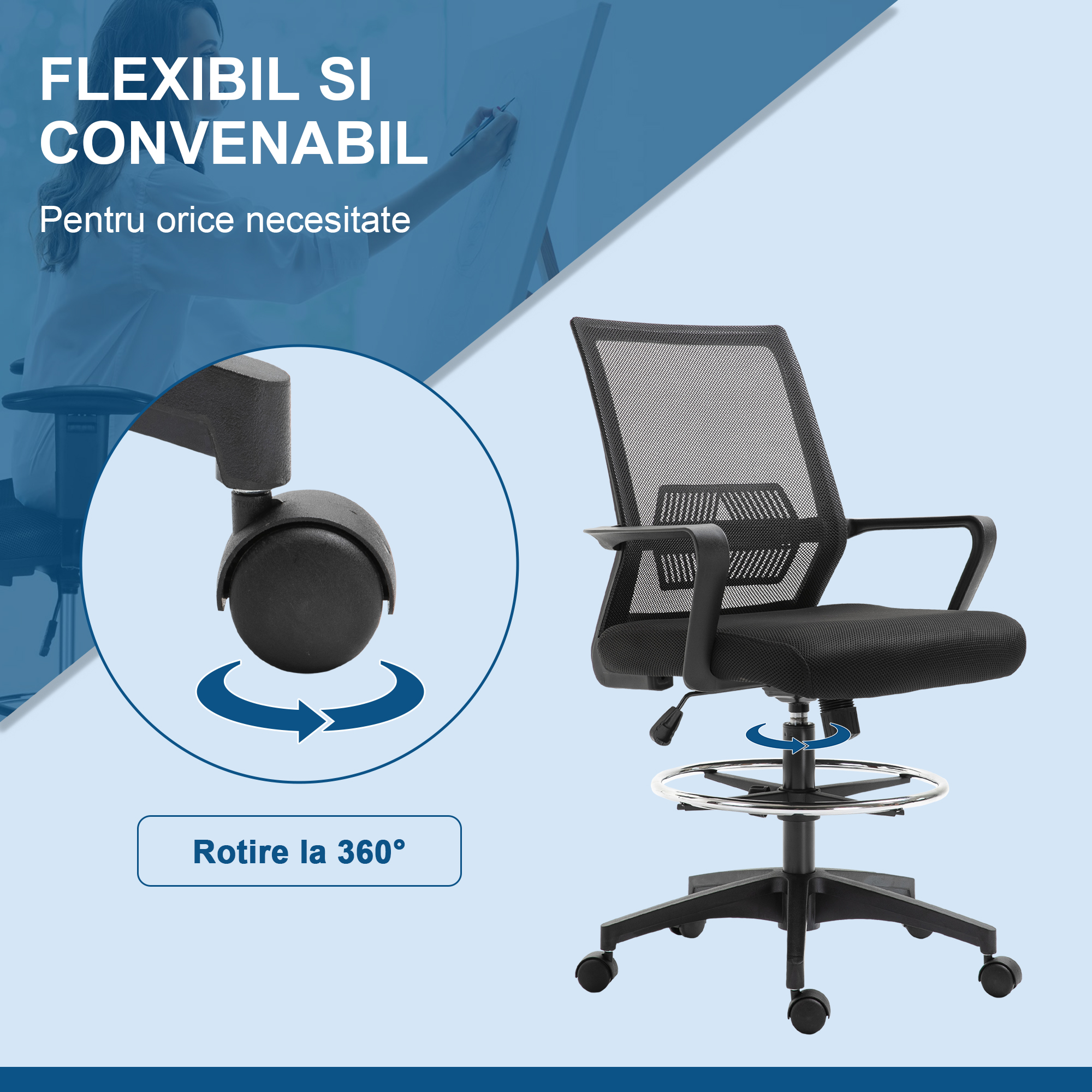  Scaun de Birou Reglabil pe inaltime cu Suport pentru Picioare, Negru [5]