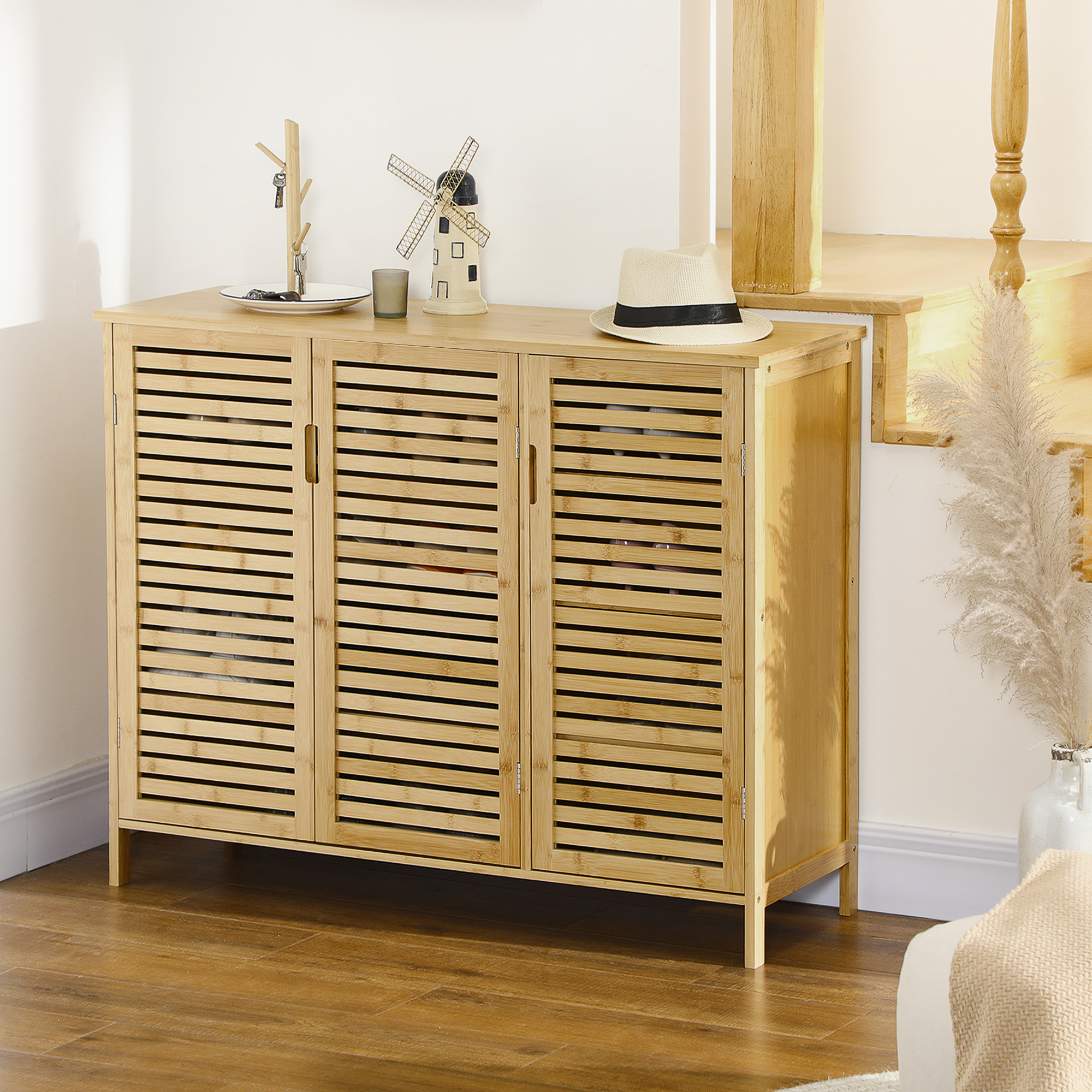  Dulap pentru Pantofi cu 8 Rafturi pe 3 Niveluri cu Manere, din Bambus, 100x35x80 cm, Culoare Lemn [5]