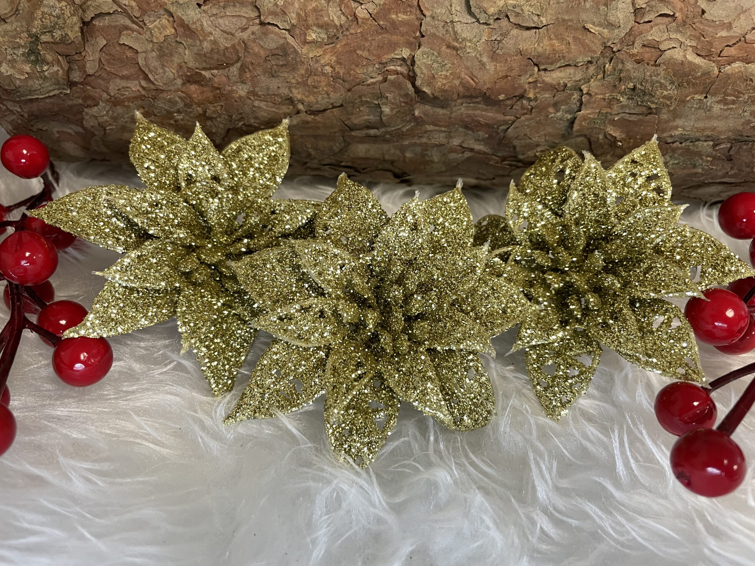 Set 10 ornamente pentru bradul de Craciun, stea Poinsettia, 14cm, auriu [12]