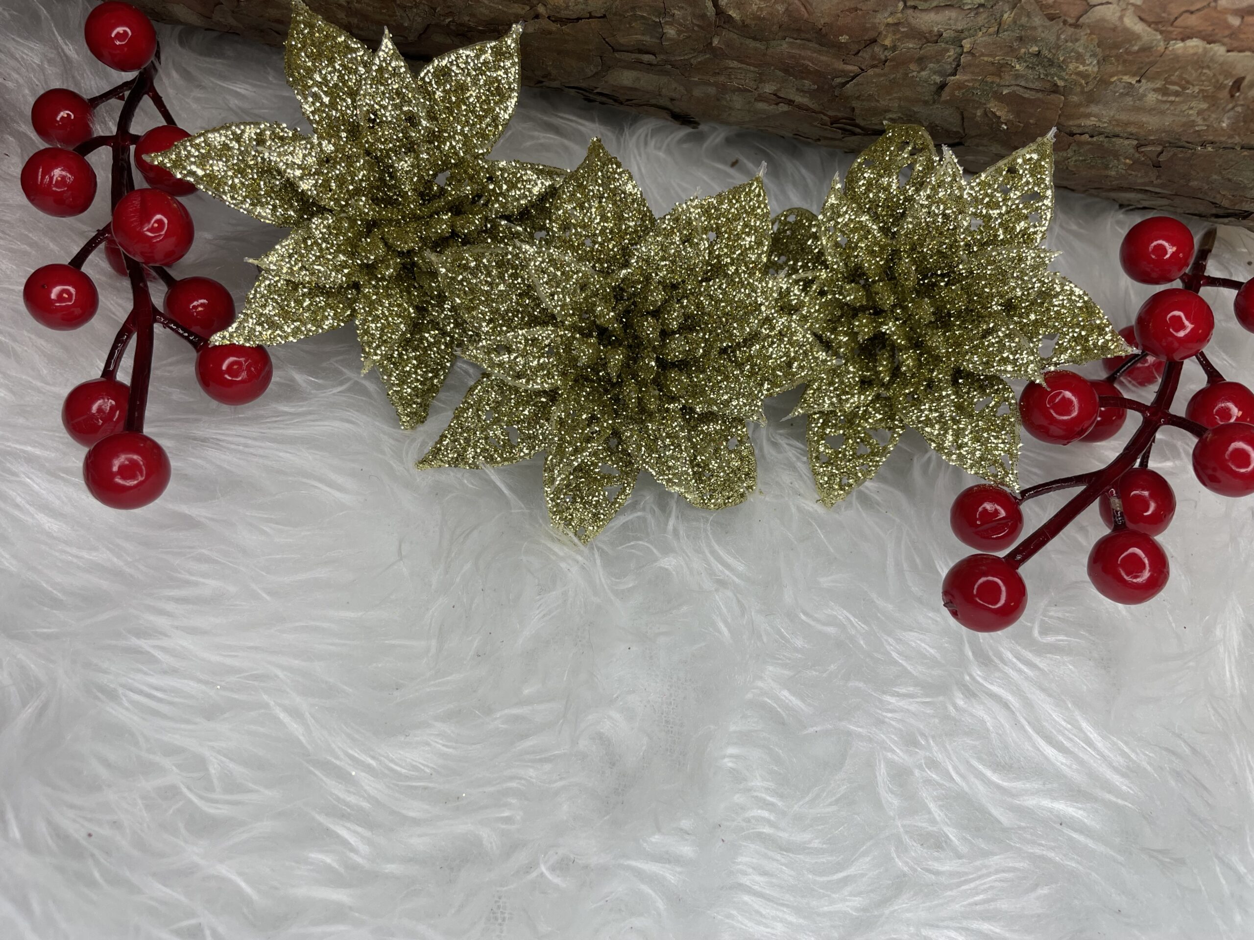 Set 10 ornamente pentru bradul de Craciun, stea Poinsettia, 14cm, auriu [13]