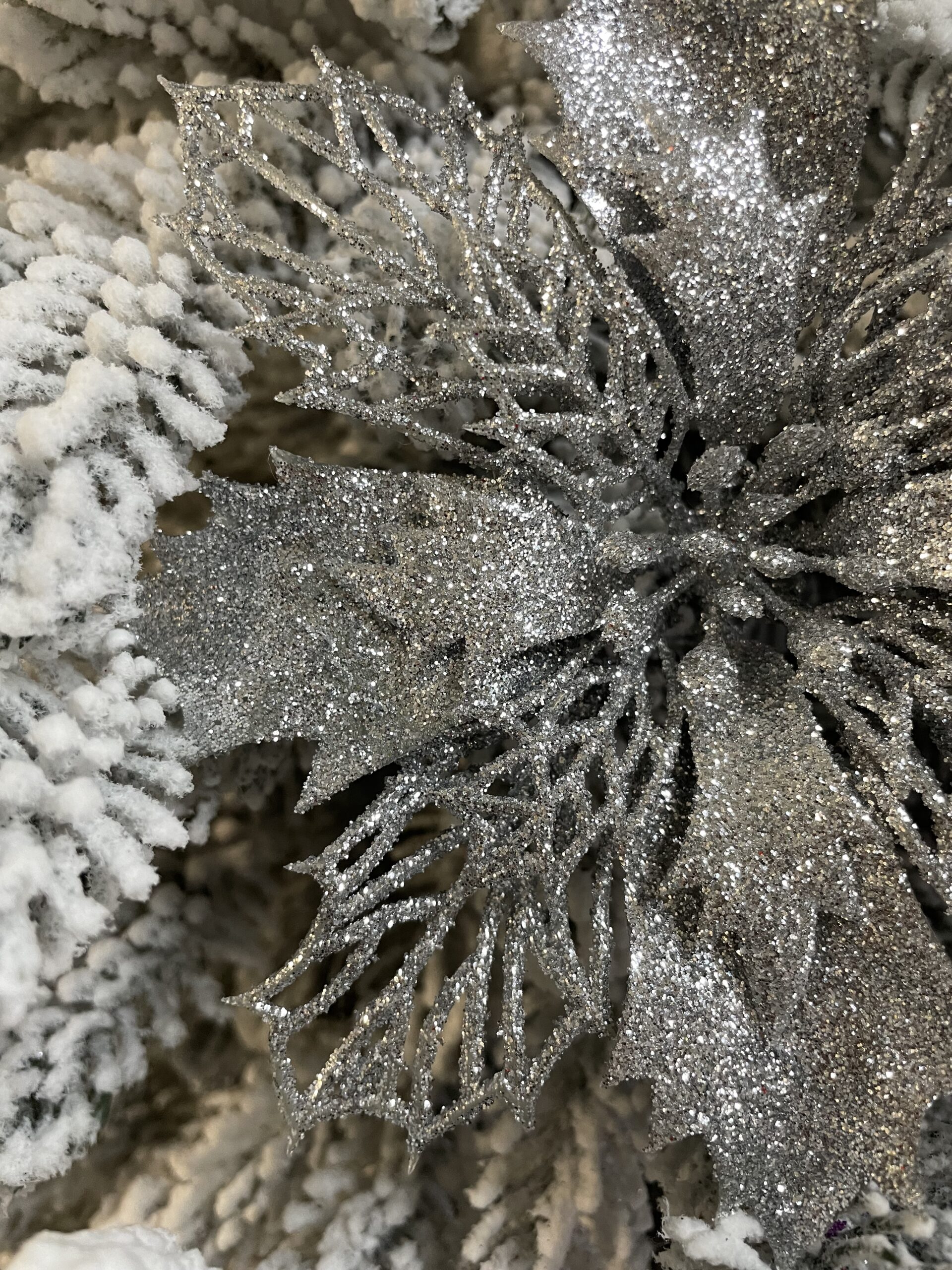 Set 10 ornamente pentru bradul de Craciun, stea Poinsettia, 16cm, argintiu [11]