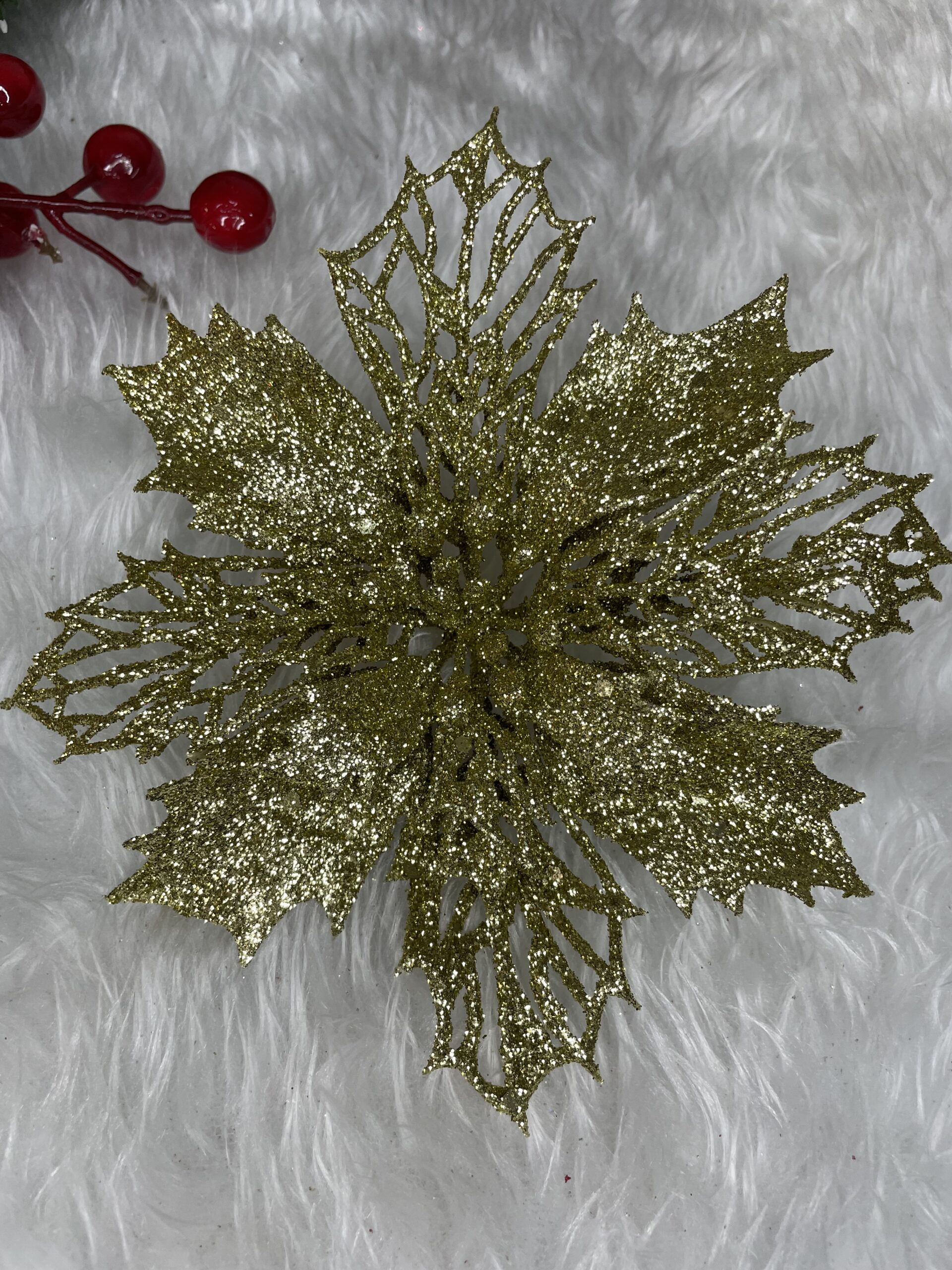 Set 10 ornamente pentru bradul de Craciun, stea Poinsettia, 16cm, galben auriu [9]