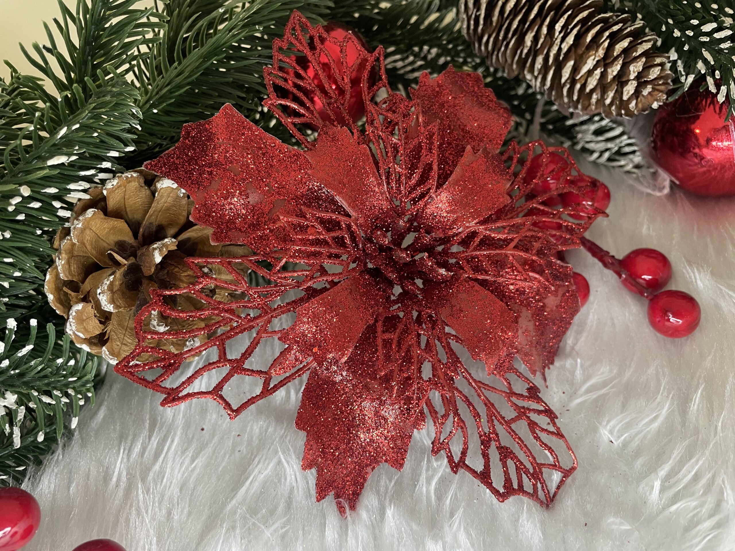 Set 10 ornamente pentru bradul de Craciun, stea Poinsettia, 16cm, visiniu [10]