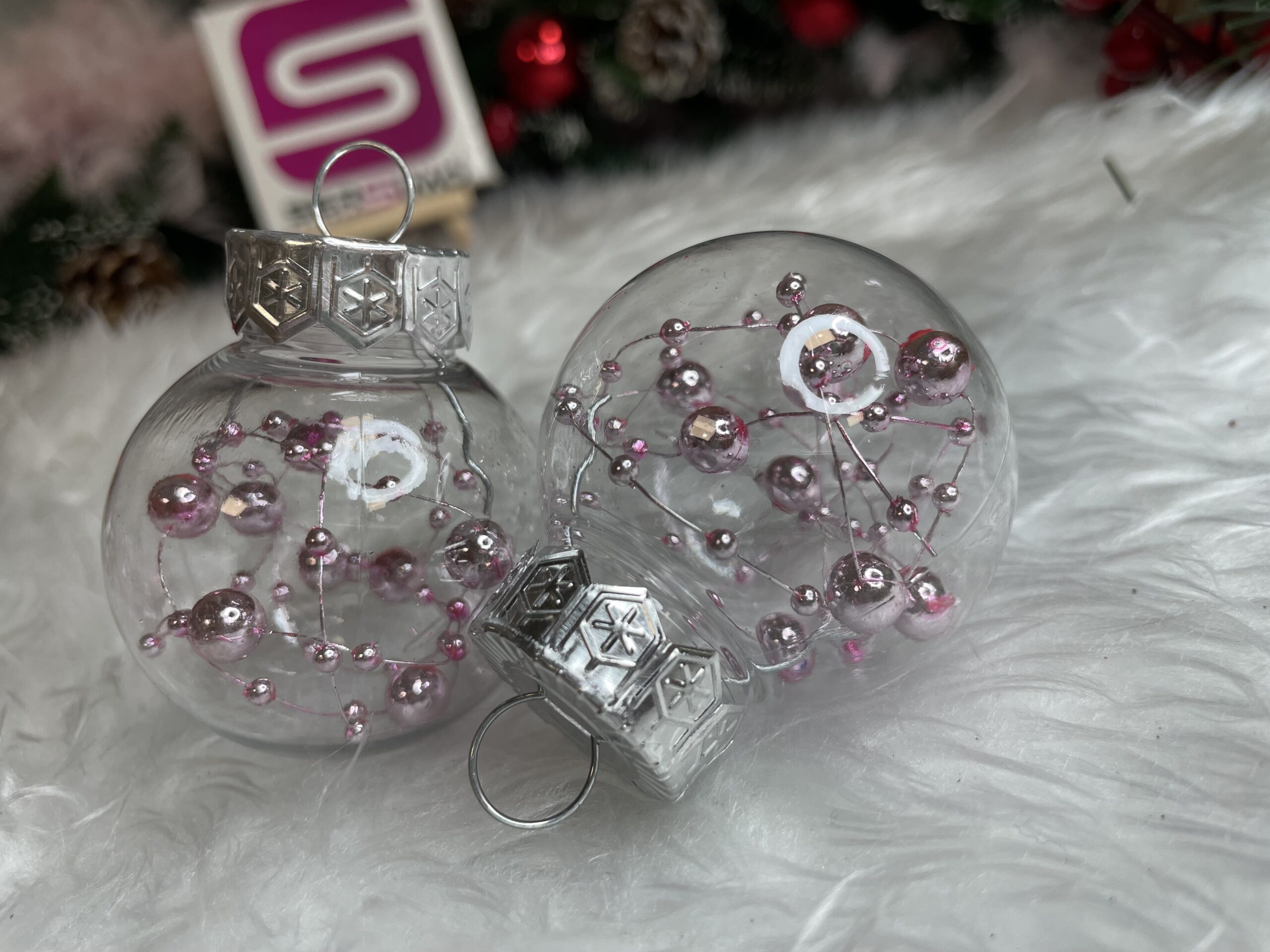 Set globuri de Craciun Inedit, 24 bucati, 5cm, transparente si roz pal [16]