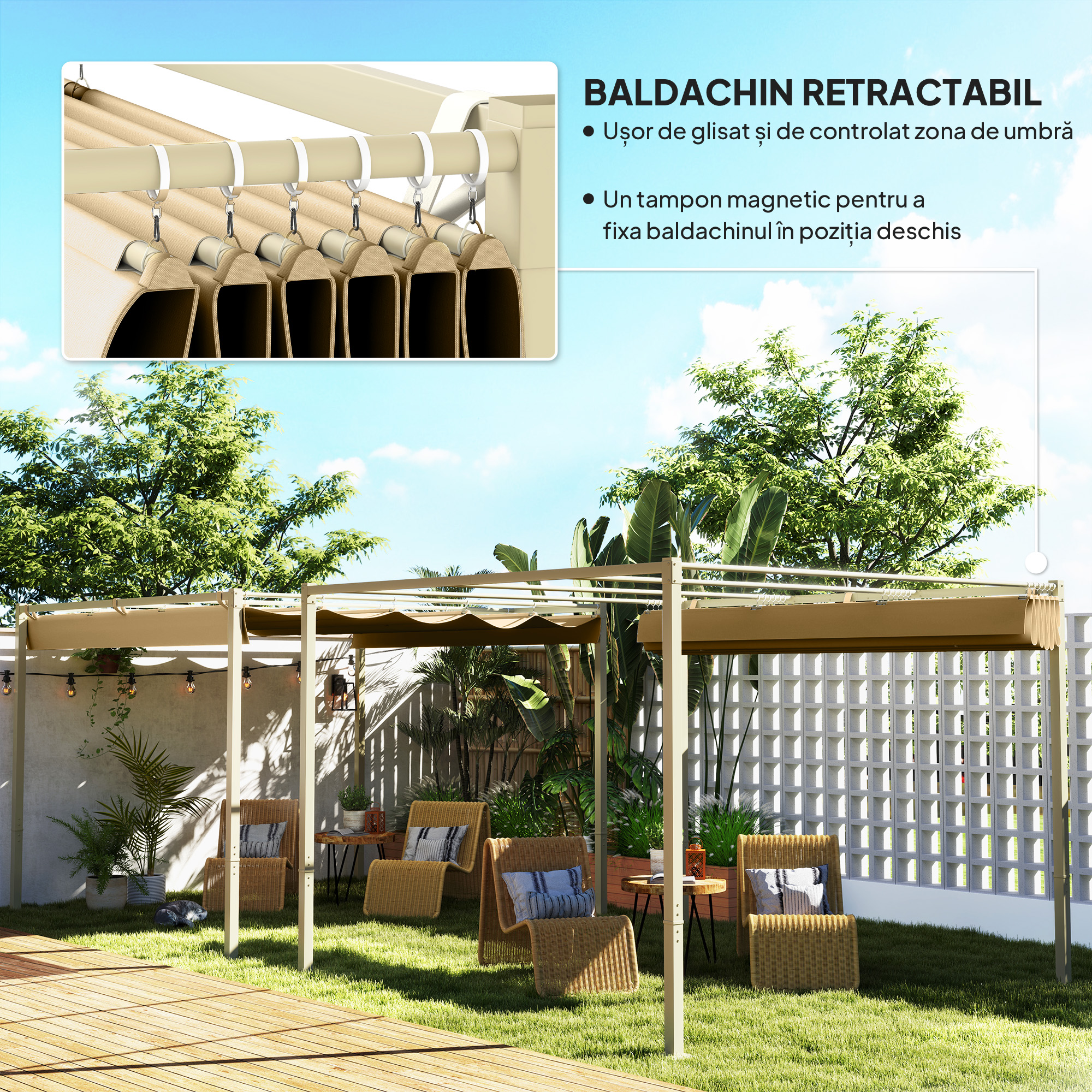  Pergola de Gradina cu Acoperis Retractabil si Sistem de Prindere Magnetic, 298x297x221 cm, Kaki [3]