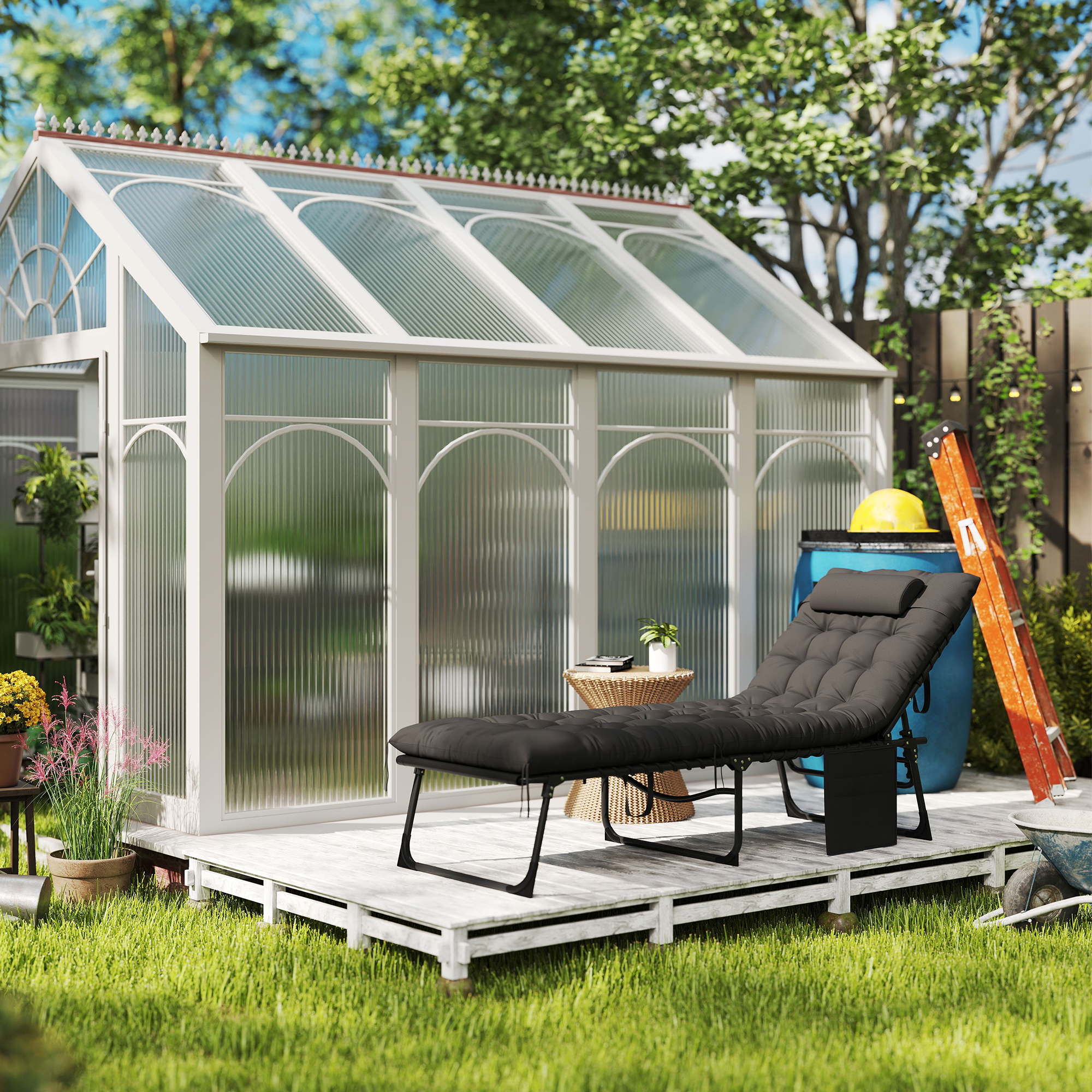  sezlong pliabil cu perna, tetiera si buzunar lateral, 58x189x32,5 cm, negru [6]