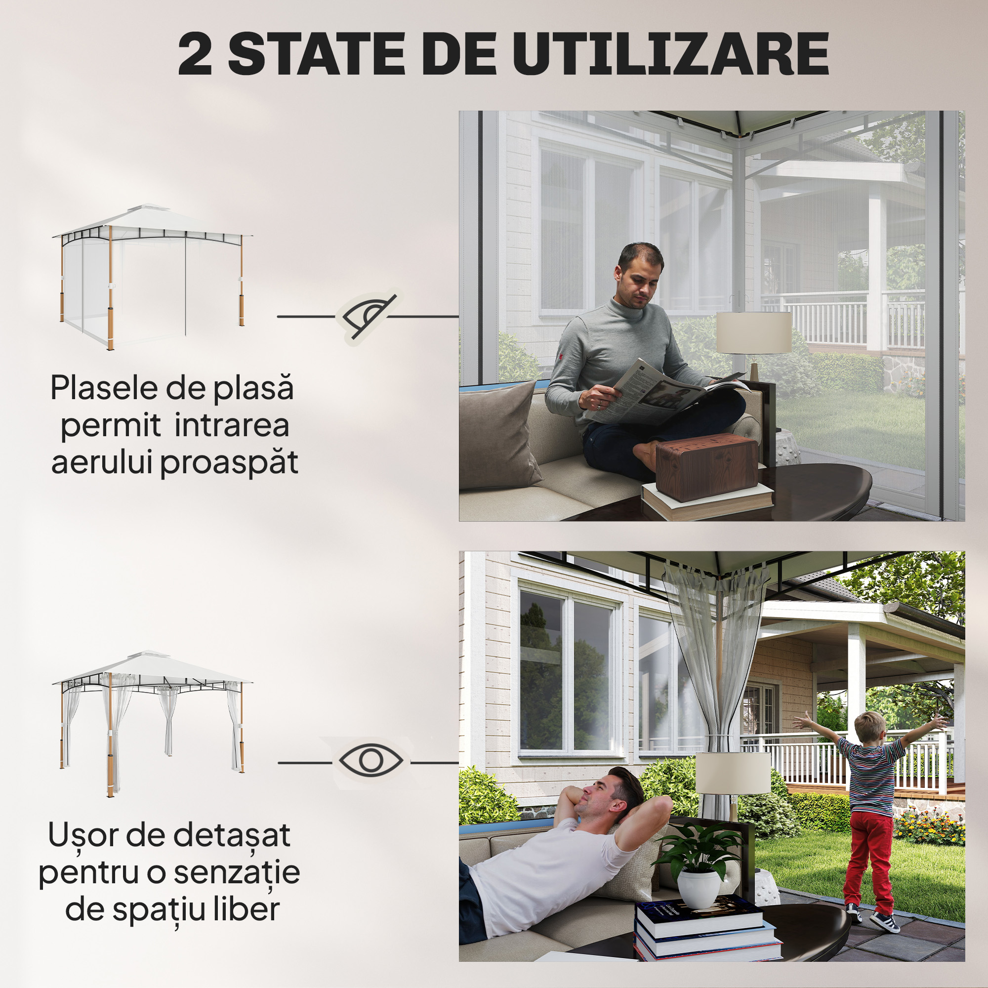  Foisor 3 x 3.6 m, Acoperis Dublu UPF50+ cu Plasa, Crem [4]