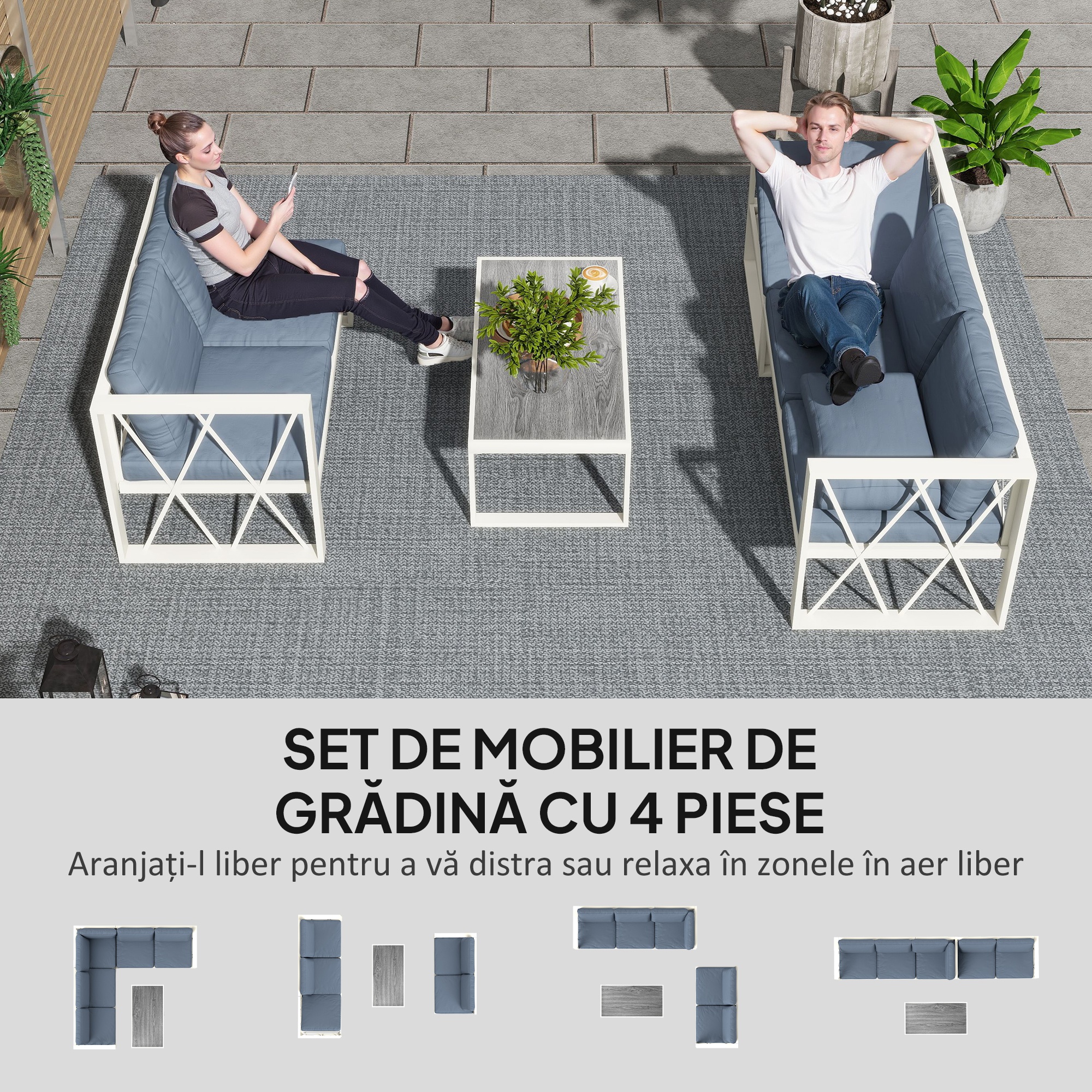  Set Mobilier de Gradina din 4 Piese cu 2 Canapele, Fotoliu Reglabil si Masuta de Cafea, 121x61x62 cm, Gri [3]