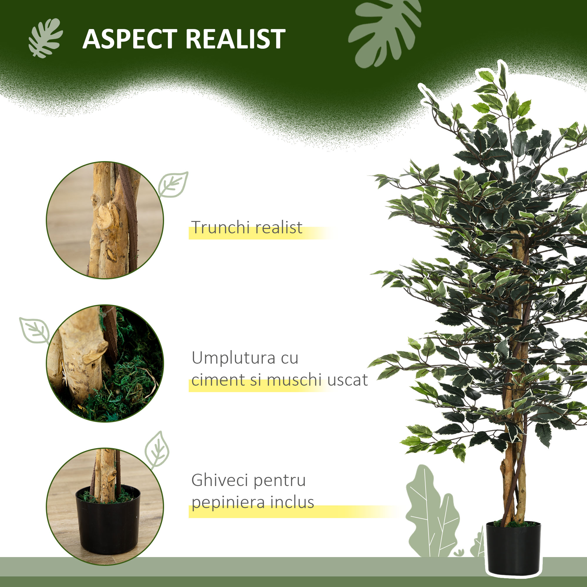  Ficus artificial in ghiveci cu 702 frunze multicolore, Plante artificiale pentru interior si exterior, pentru decorarea casei, biroului, camerei de zi, 130 cm [3]