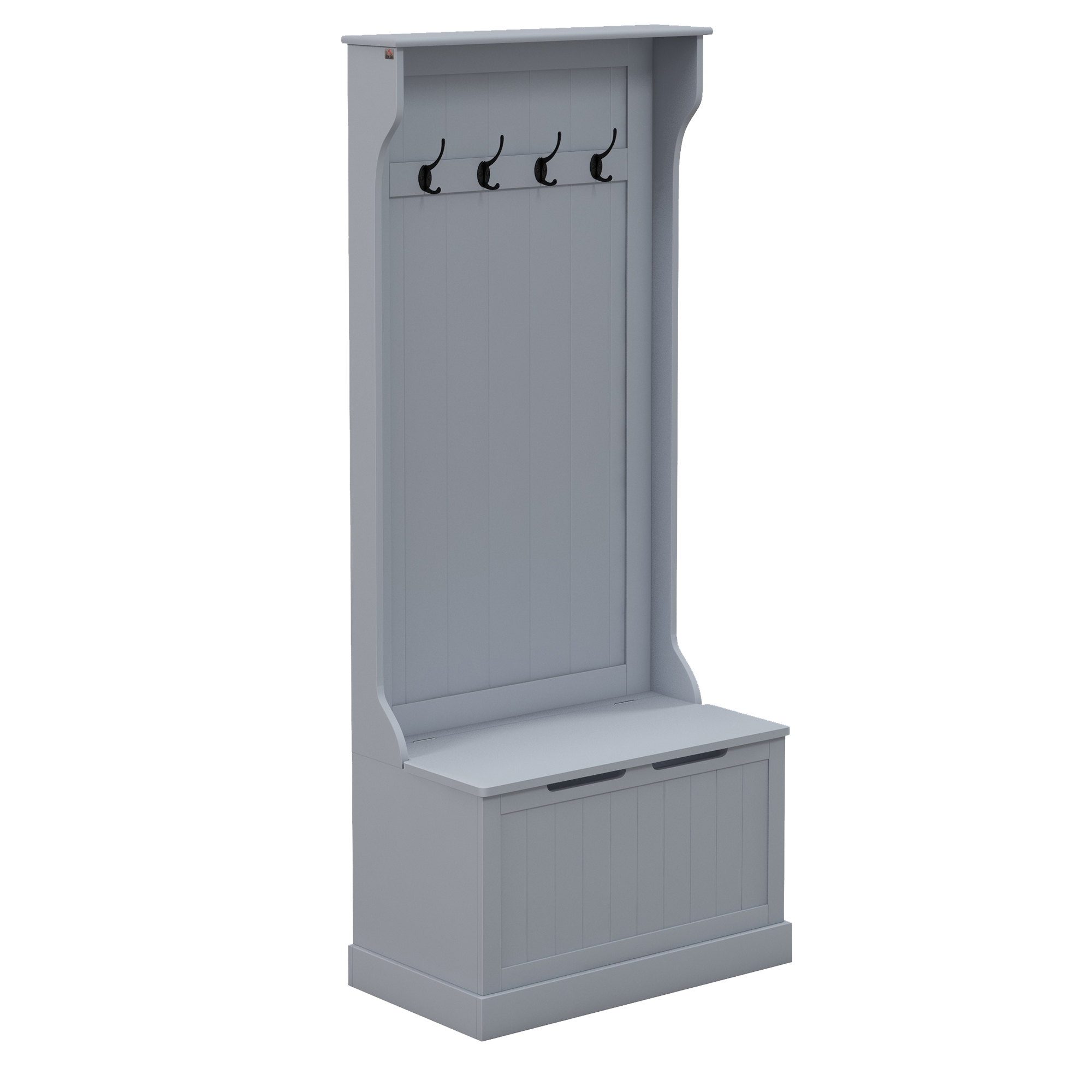 Living & hol -  Cuier 3 in 1 cu 4 carlige si banca cu spatiu de depozitare, din lemn, 71,5x39,5x170 cm, gri