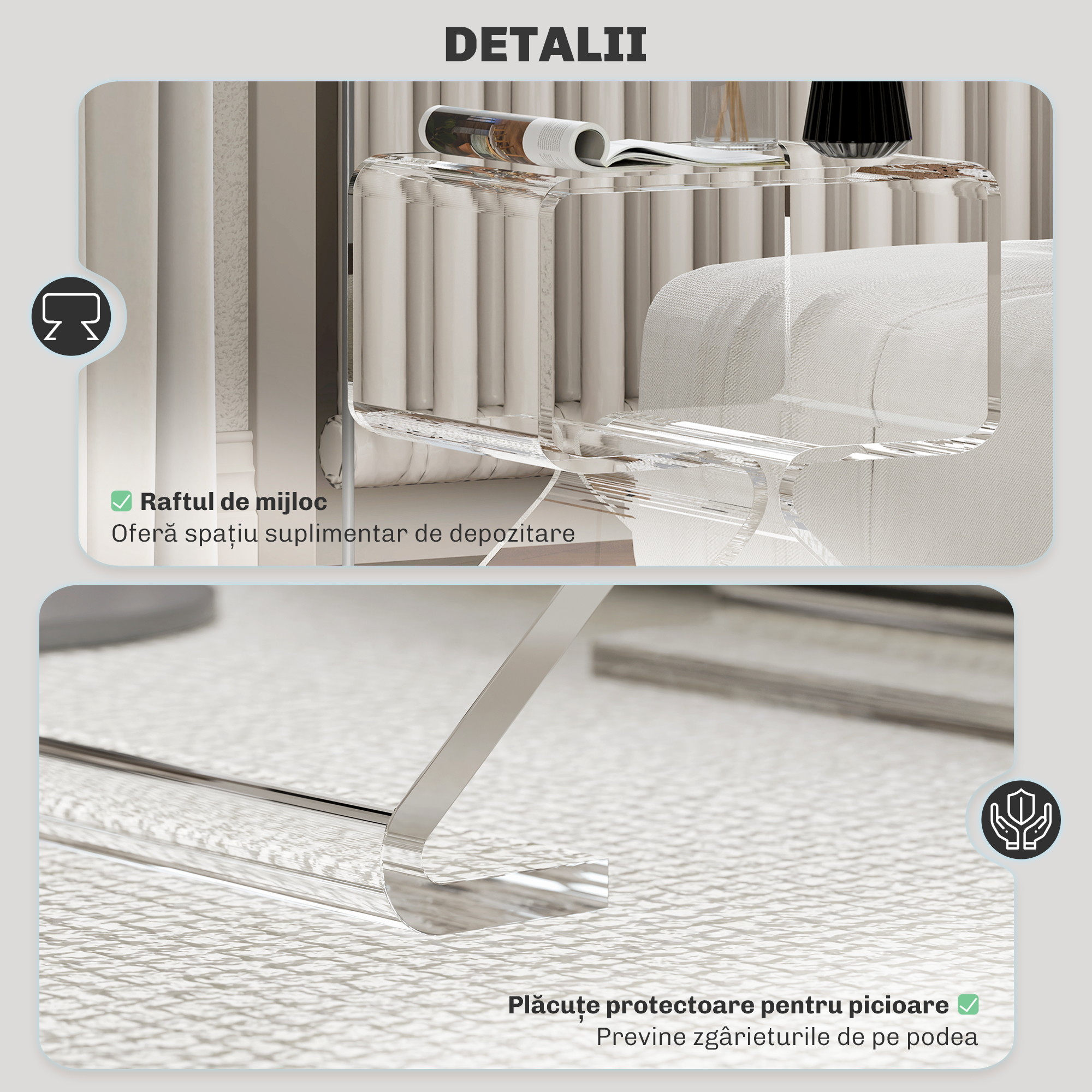  Masuta de Cafea Geometrica cu 2 Niveluri cu Picioare Triunghiulare din Acril, 40x30x45 cm, Transparenta [5]