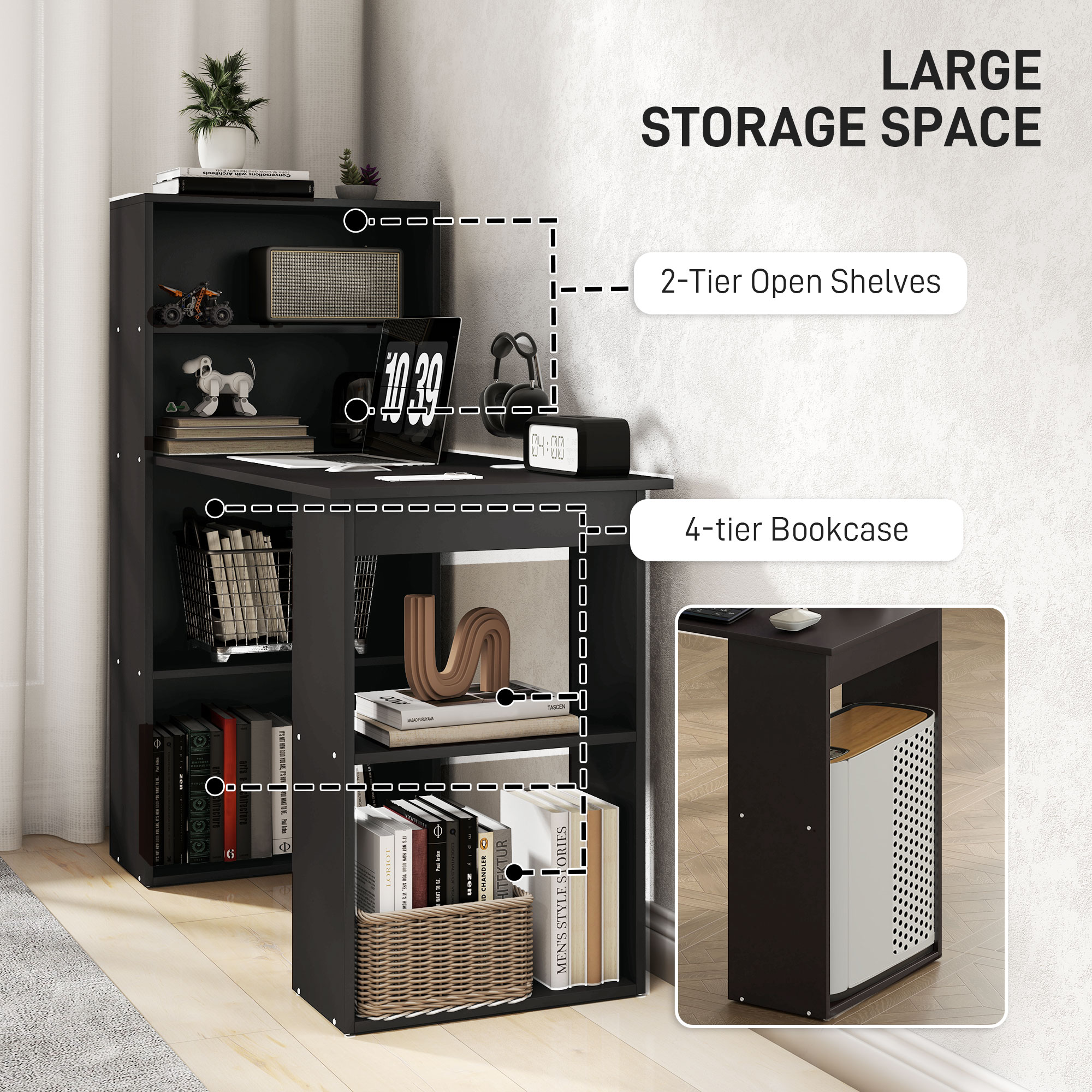  Birou Modern pentru Acasa cu Rafturi de Depozitare pe Niveluri Masa de Scris cu Raft pentru Carti Negru pentru sufragerie camera de zi dormitor [4]