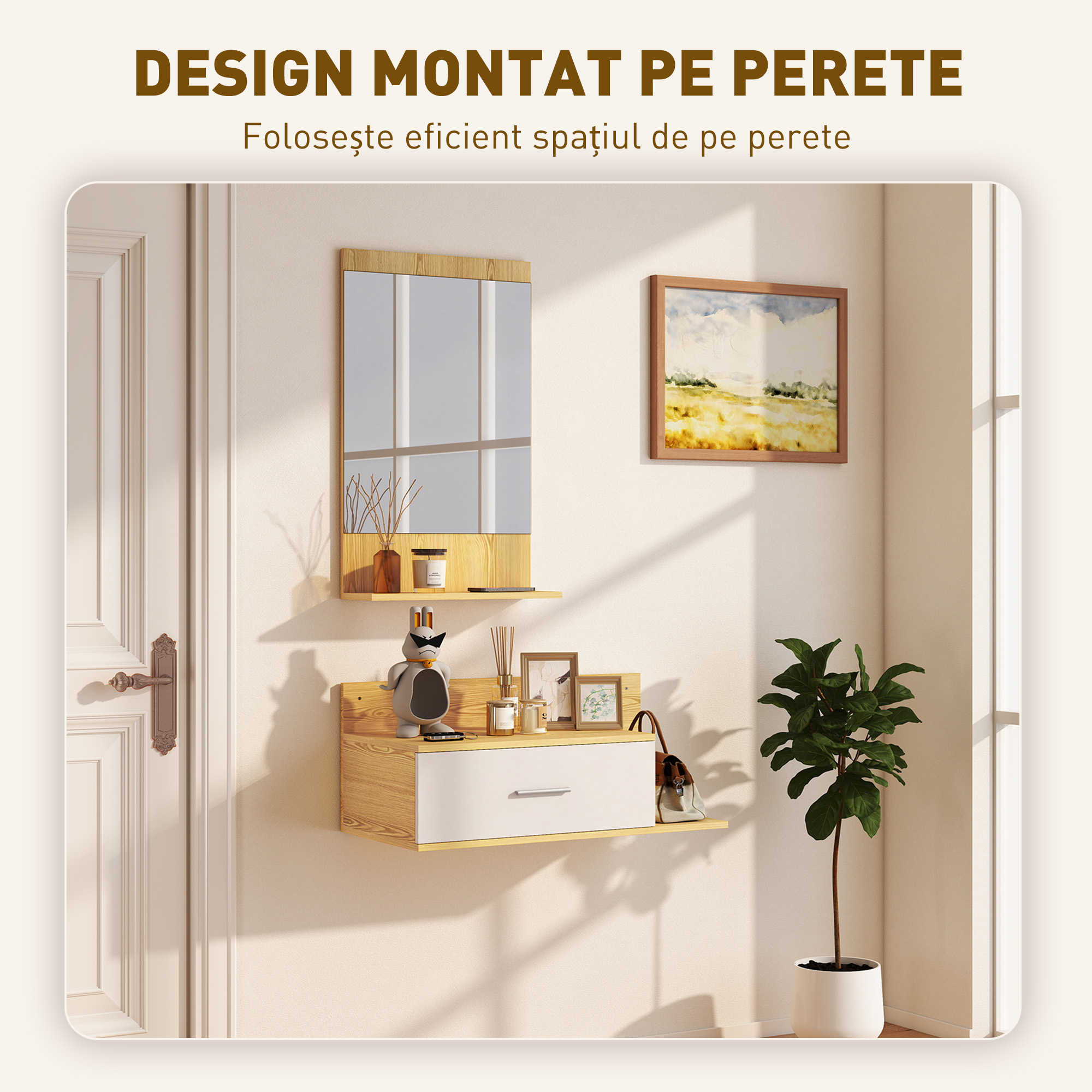  Set de Intrare cu Oglinda cu Raft si Dulap Suspendat cu Sertar si 2 Rafturi Deschise, din Lemn si Sticla [6]