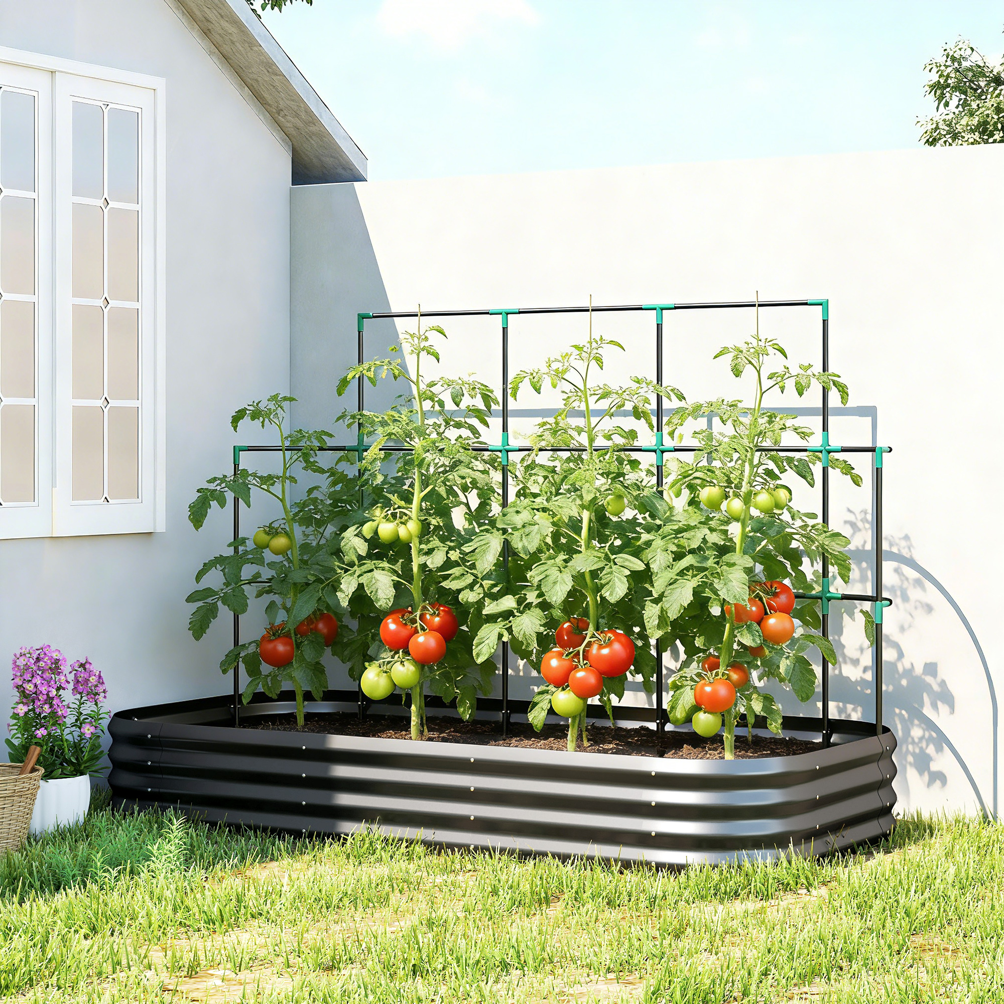 Living & hol -  Pat de Gradina inaltat din Metal cu Grilaj, Suport pentru Plante Cataratoare, Flori si Legume, 220x110x150 cm, Gri inchis