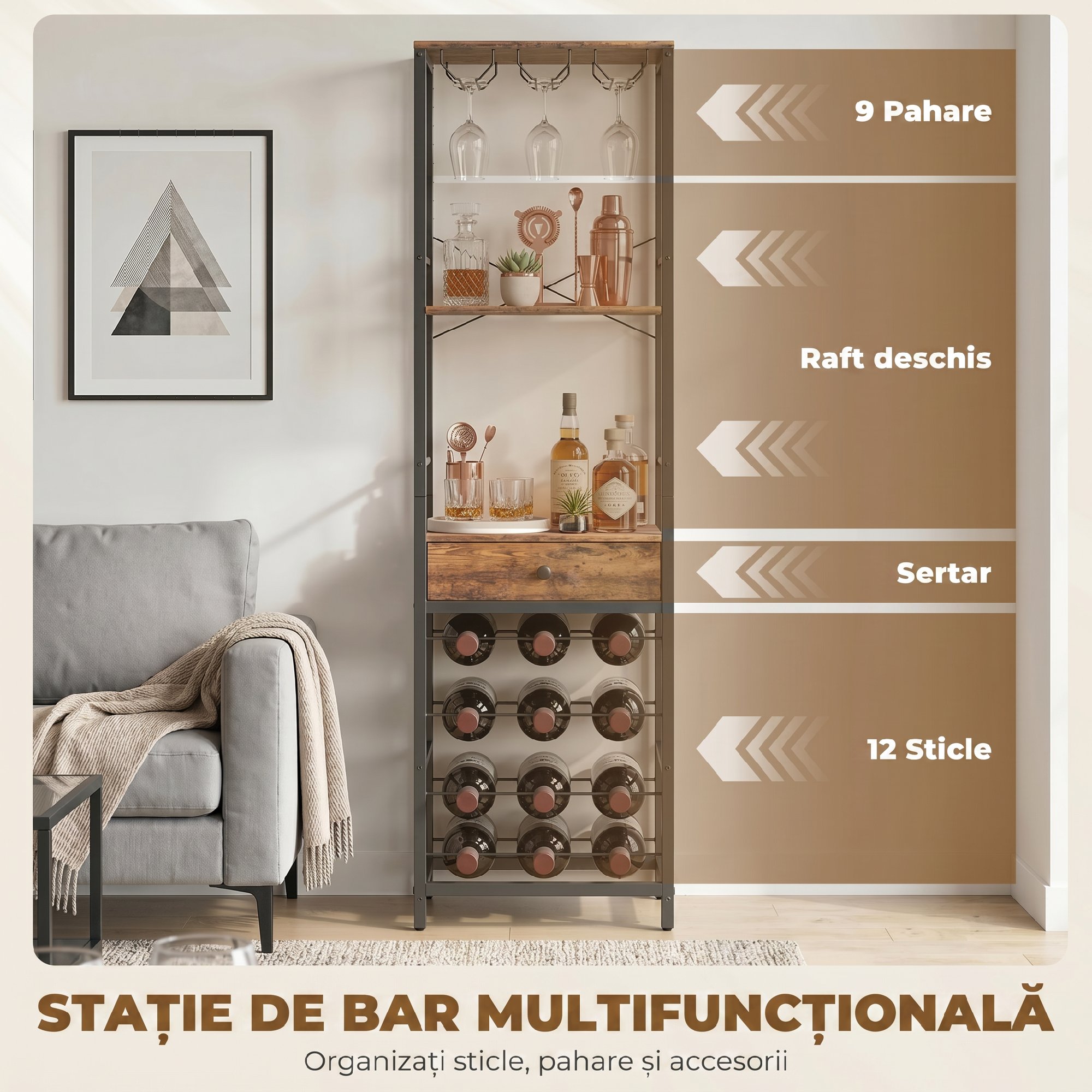  Dulap de Bar, Mobilier de Bar cu Sertar si Suport pentru Pahare, Maro Rustic [3]