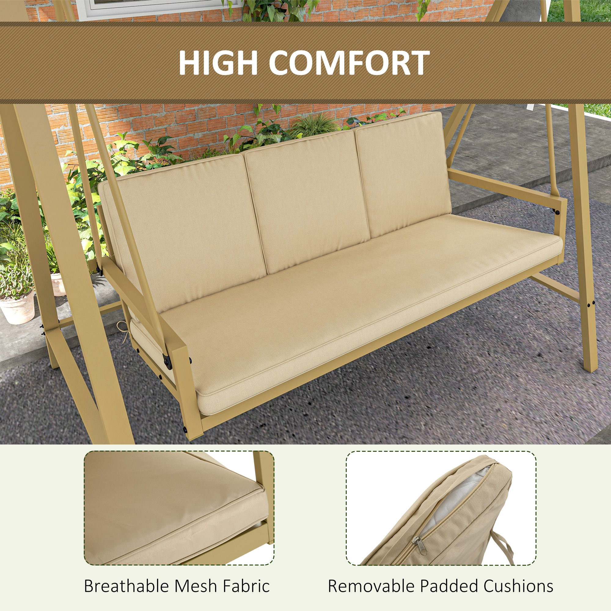  Scaun Balansoar de Gradina cu 3 Locuri, Banca Hamac in Aer Liber cu Copertina Reglabila, Perne Detasabile si Cadru Solid [4]