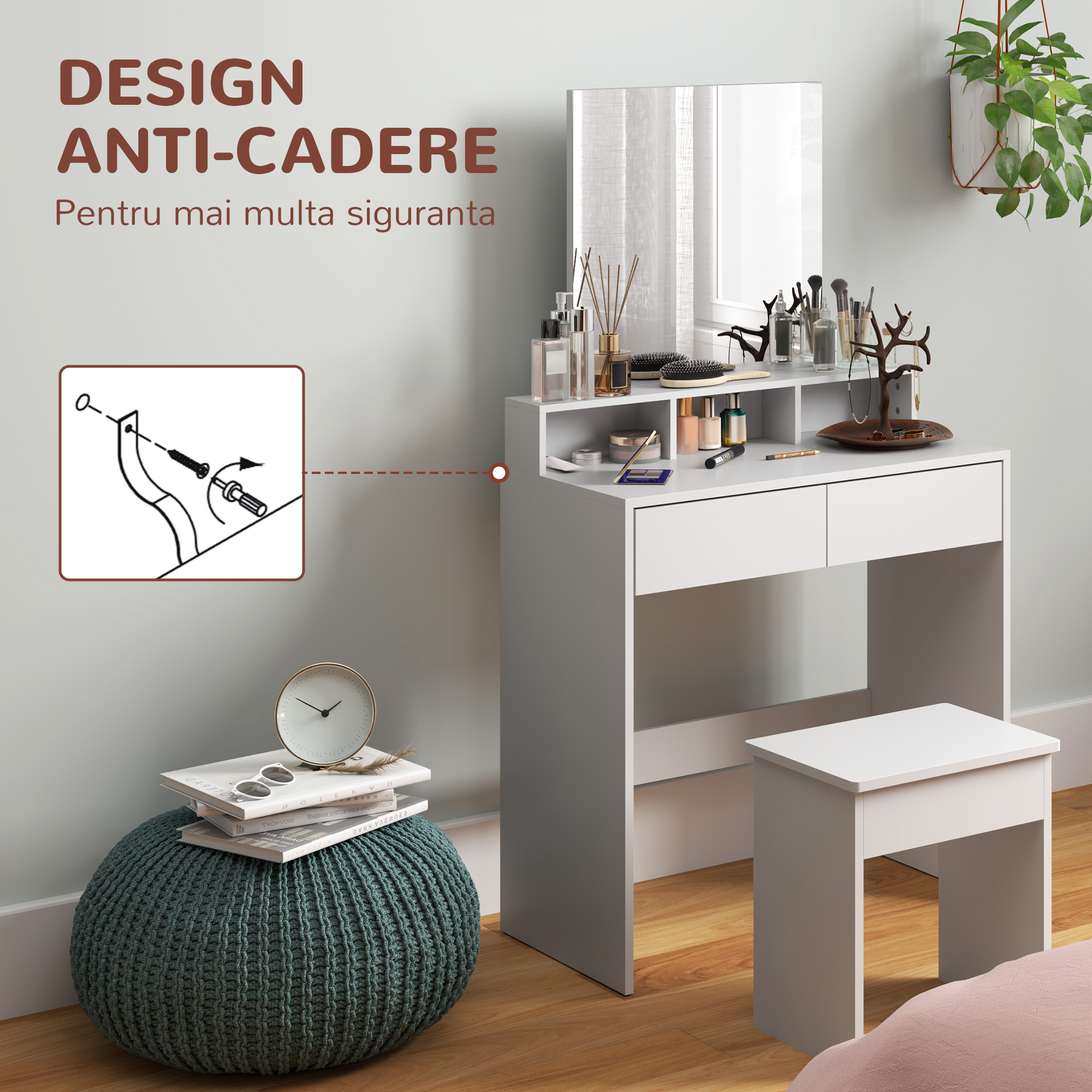  Masa de Toaleta cu Taburet, Masa de Machiaj cu Oglinda, 3 Rafturi, 2 Sertare, din Lemn, 75x38x135 cm, Alb [7]