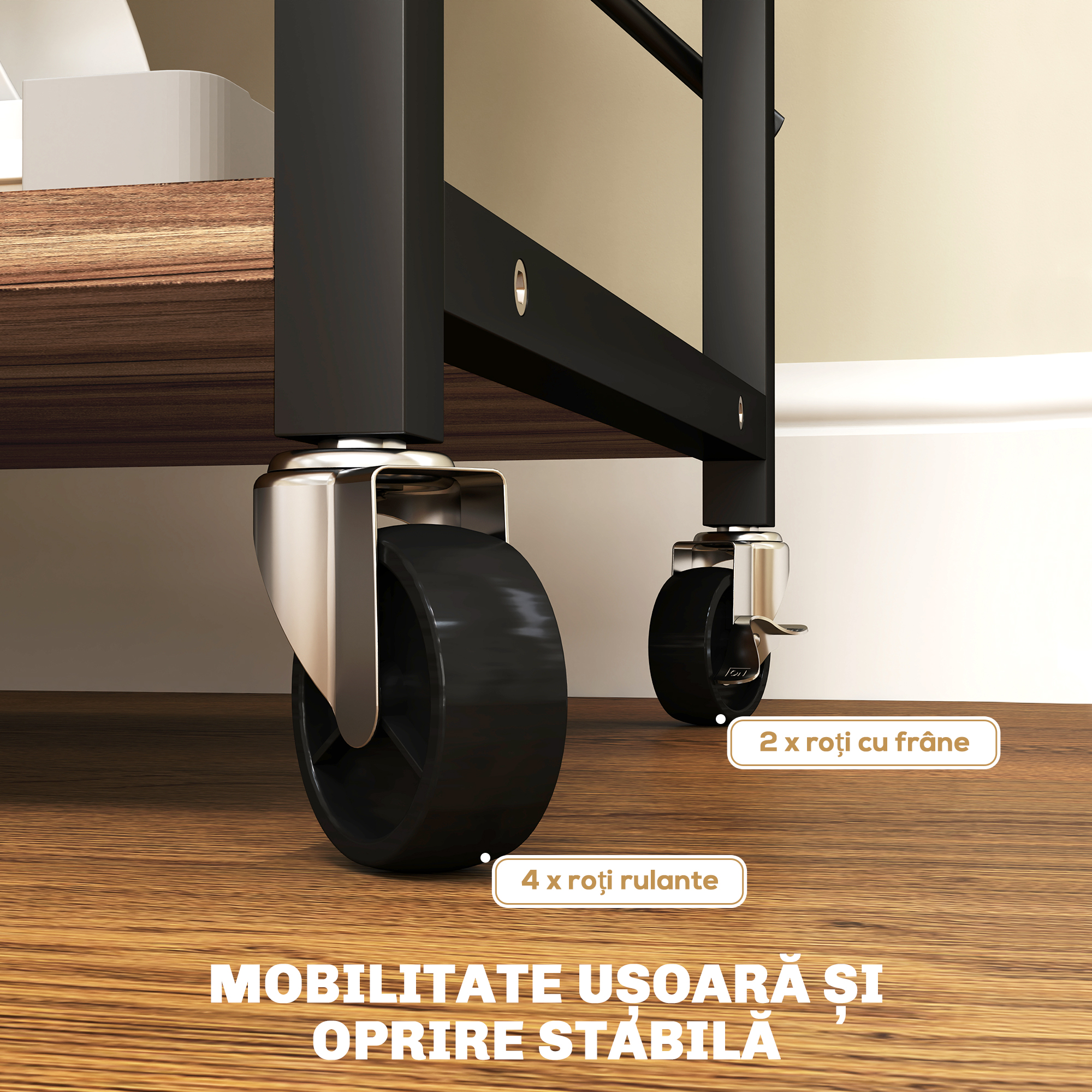  Raft de Bucatarie cu 3 Nivele, Roti si 4 Carlige, 60x40x84 cm, Lemn Natural [5]