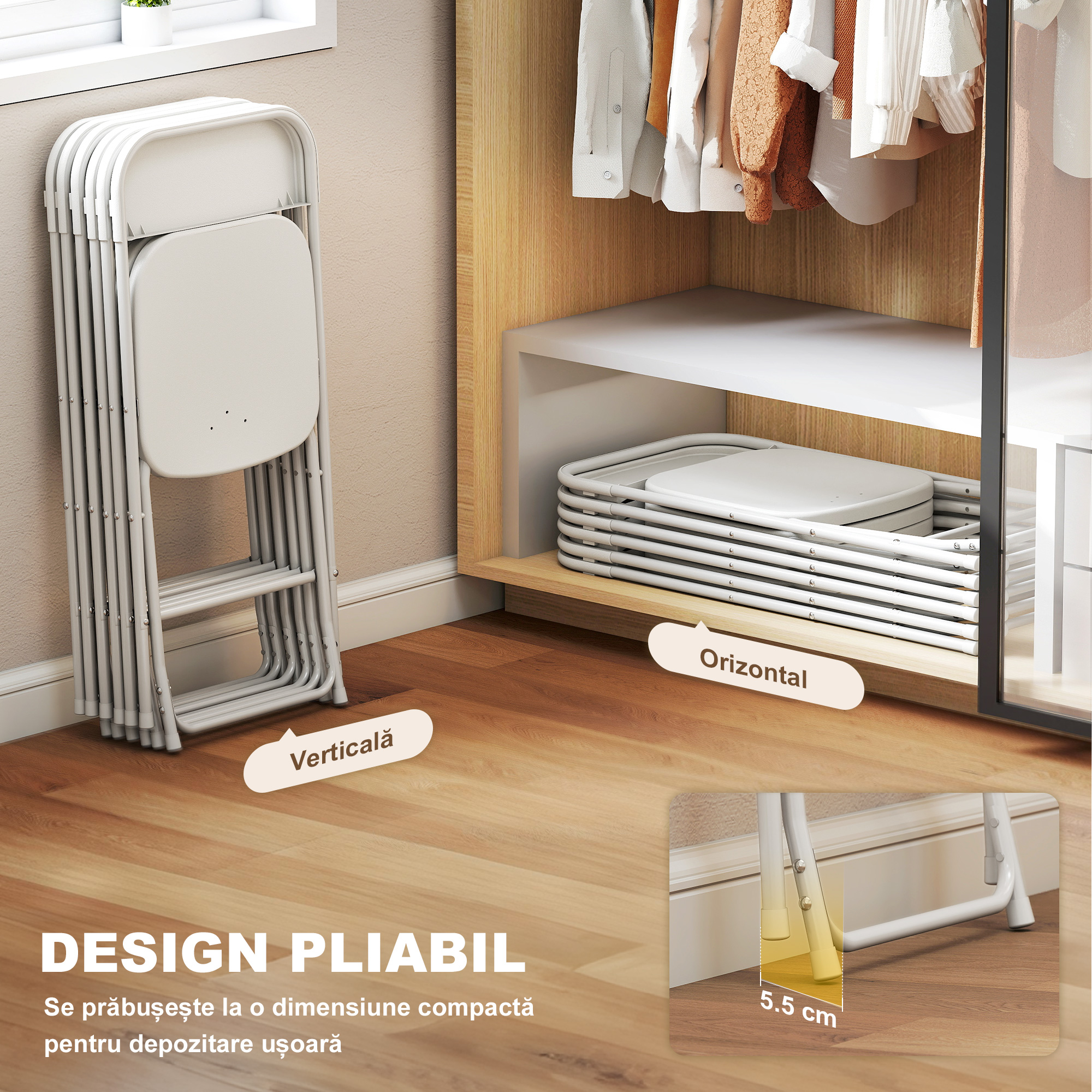  Set de 6 Scaune Pliabile din PP cu Orificii de Drenaj, Scaune Economice Portabile din Otel, Scaun Pliabil pentru Interior, Casa, Birou, Bucatarie, Evenimente, 45x49x79,5 cm, Alb [6]