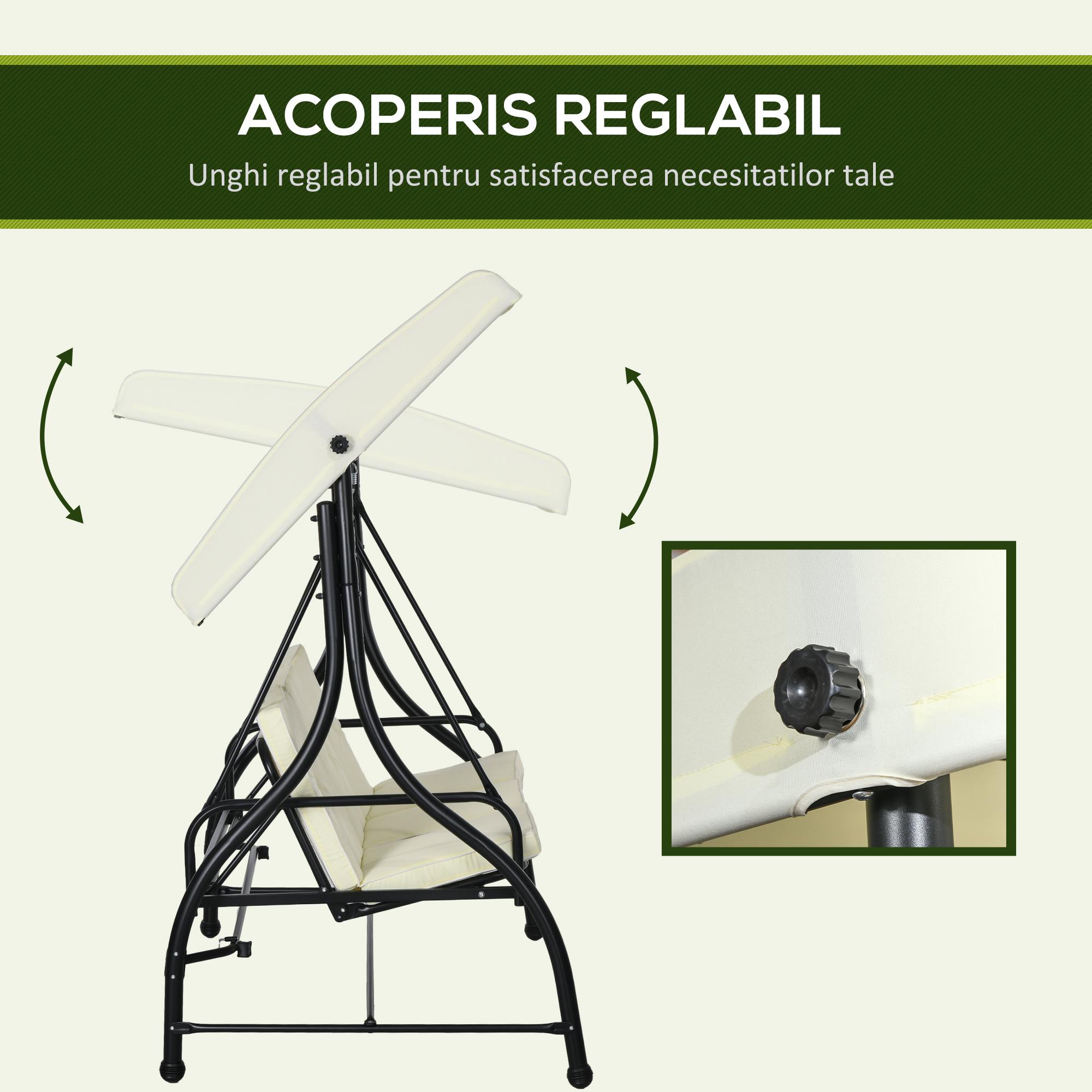 Outusunny Leagan cu 3 Locuri de Gradina, Balansoar pentru Exterior cu Acoperis Reglabil, din Otel si Poliester, 195x117x175 cm, Crem [3]