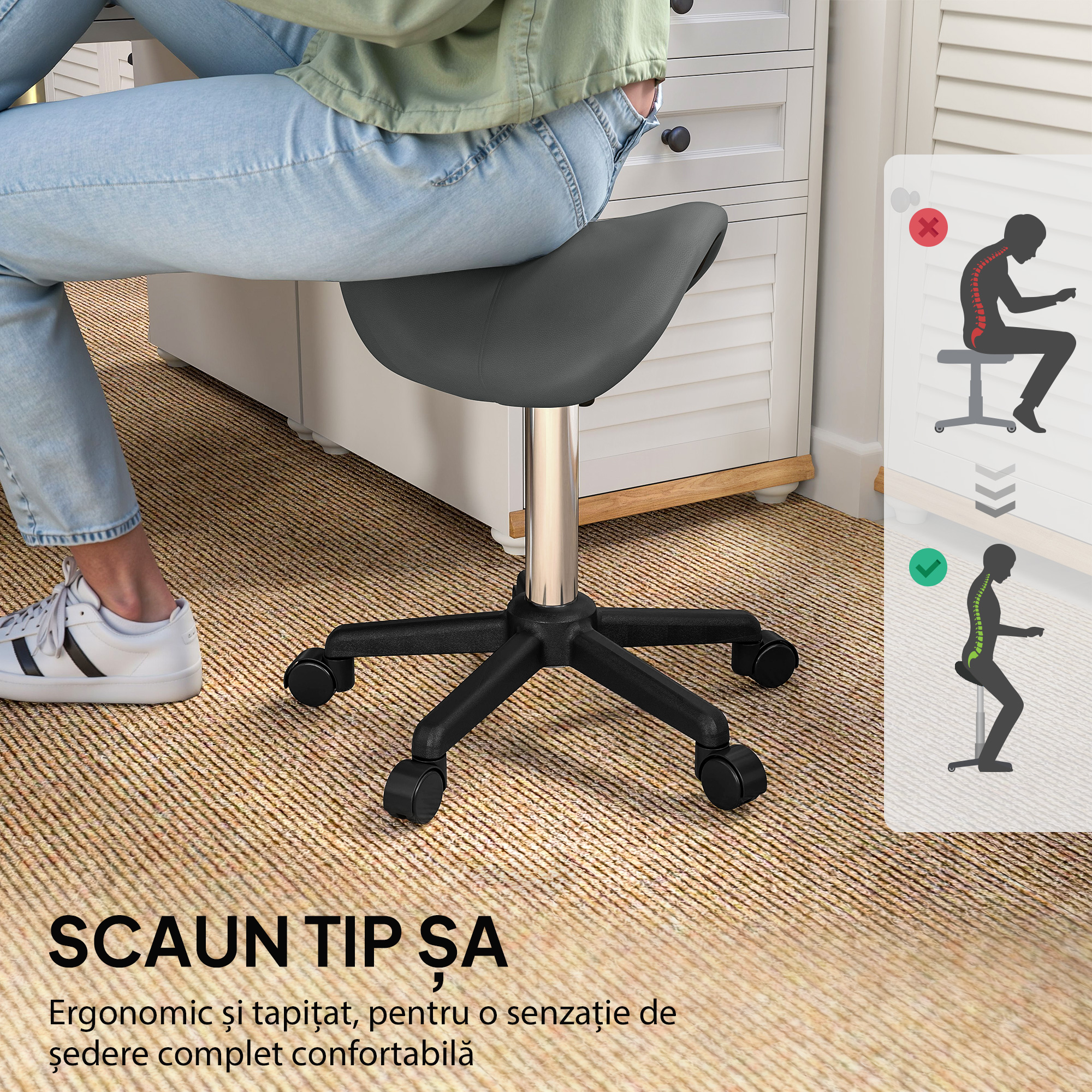  Sgabello Girevole a Sella con Ruote e Altezza Regolabile, Imbottito e Rivestito in Finta Pelle, Grigio [5]