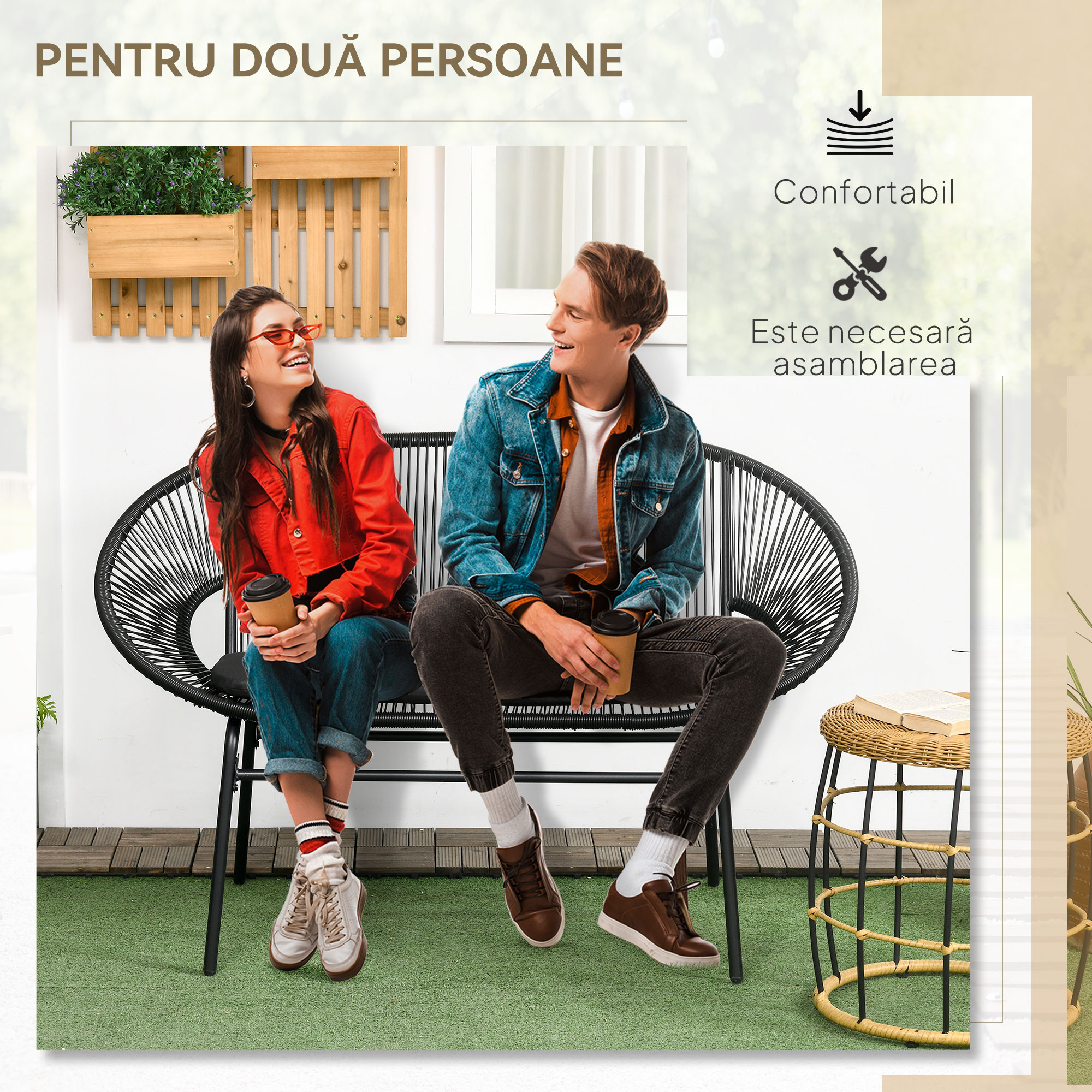  Canapea de Gradina cu 2 Locuri din Ratan PE si Otel cu Perne si Manere, 132x72x83 cm, Negru [3]