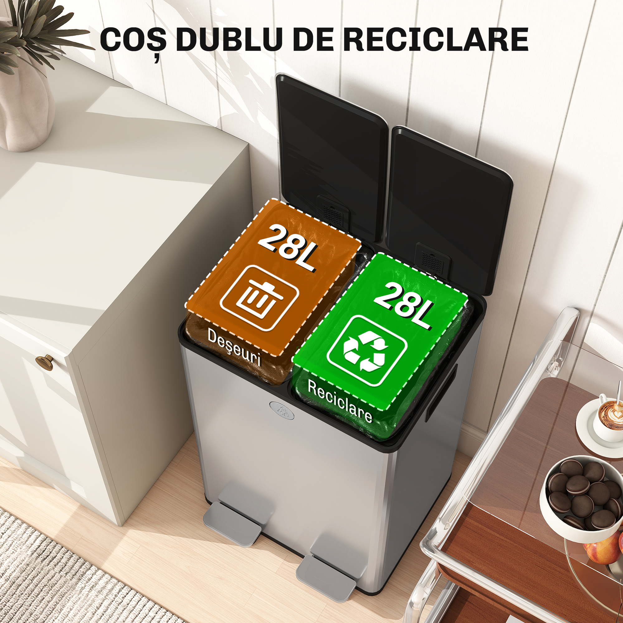  Cos de Gunoi 2 x 20L cu Pedala, din Otel, pentru Bucatarie, cu Capac cu inchidere Usoara, Recipiente Interioare Detasabile, Rezistent la Urmele de Degete, Argintiu [3]