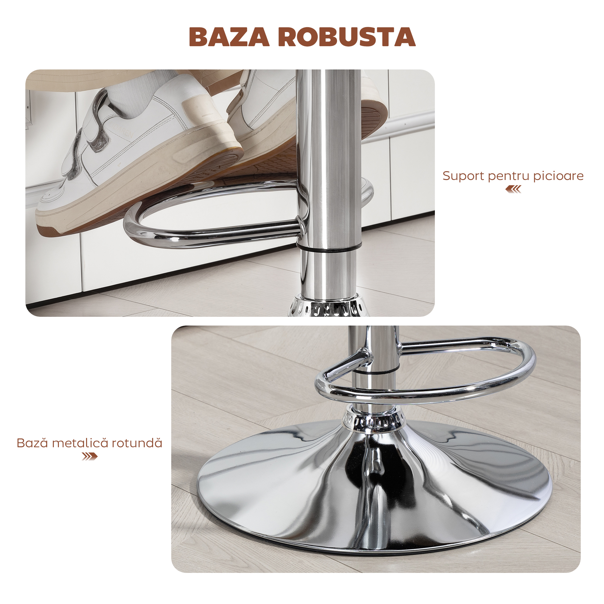  Taburet de Bar cu inaltime Reglabila, Scaun inalt din PU cu Spatar, Suport pentru Picioare, Cotiere si sezut Moale, Structura din Otel, Rotativ la 360°, pentru Bucatarie, Maro [5]