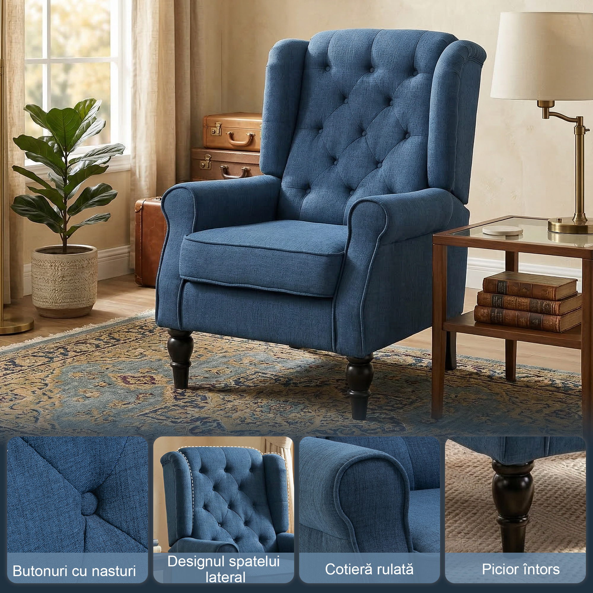  Fotoliu pentru Living in Stil Francez cu sezut Confortabil si Perne, Catifea, 74x86x102 cm, Albastru [3]