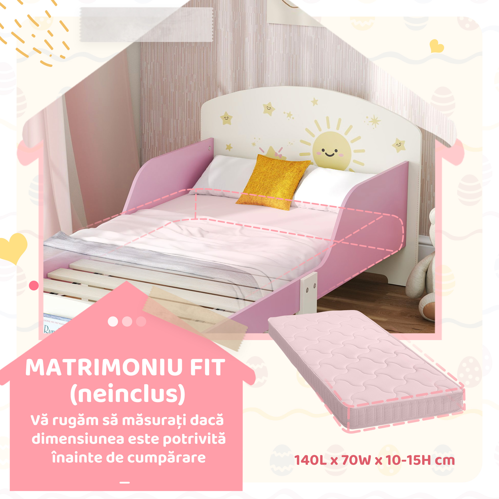  Pat copii mic, cadru cu design stele si spatiu de depozitare, roz [7]