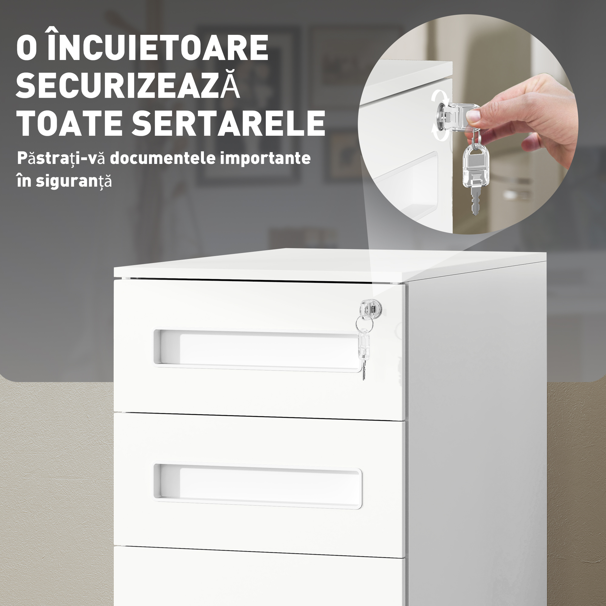  Dulap cu Sertare pentru Birou cu 5 Roti, 3 Sertare cu incuietoare si Chei, 30x43.5x60 cm, Alb [5]