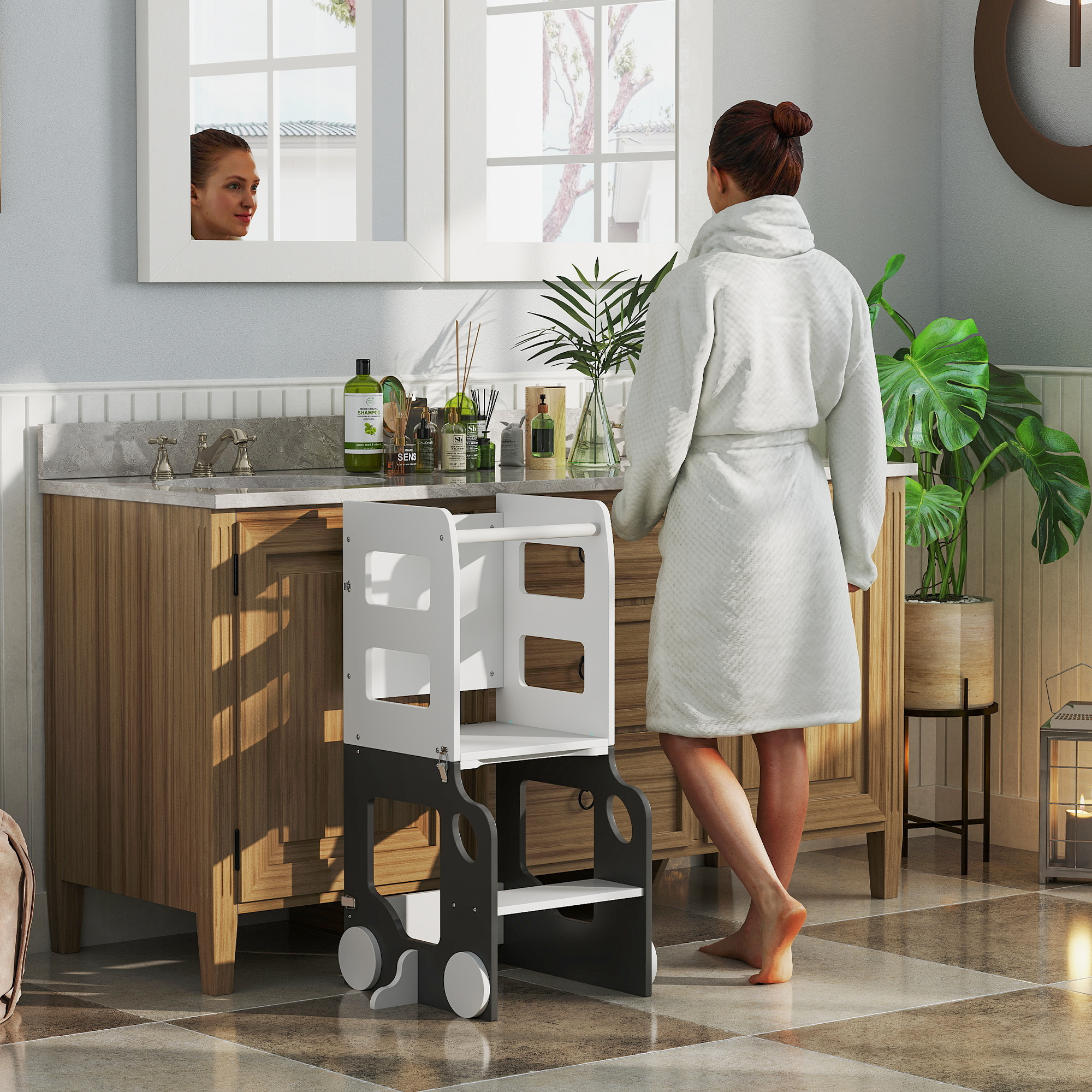  Scara Montessori 4 in 1 pentru Copii cu 2 Table si Set Masa si Scaun, din Lemn, 58x46x92 cm, Alb [1]