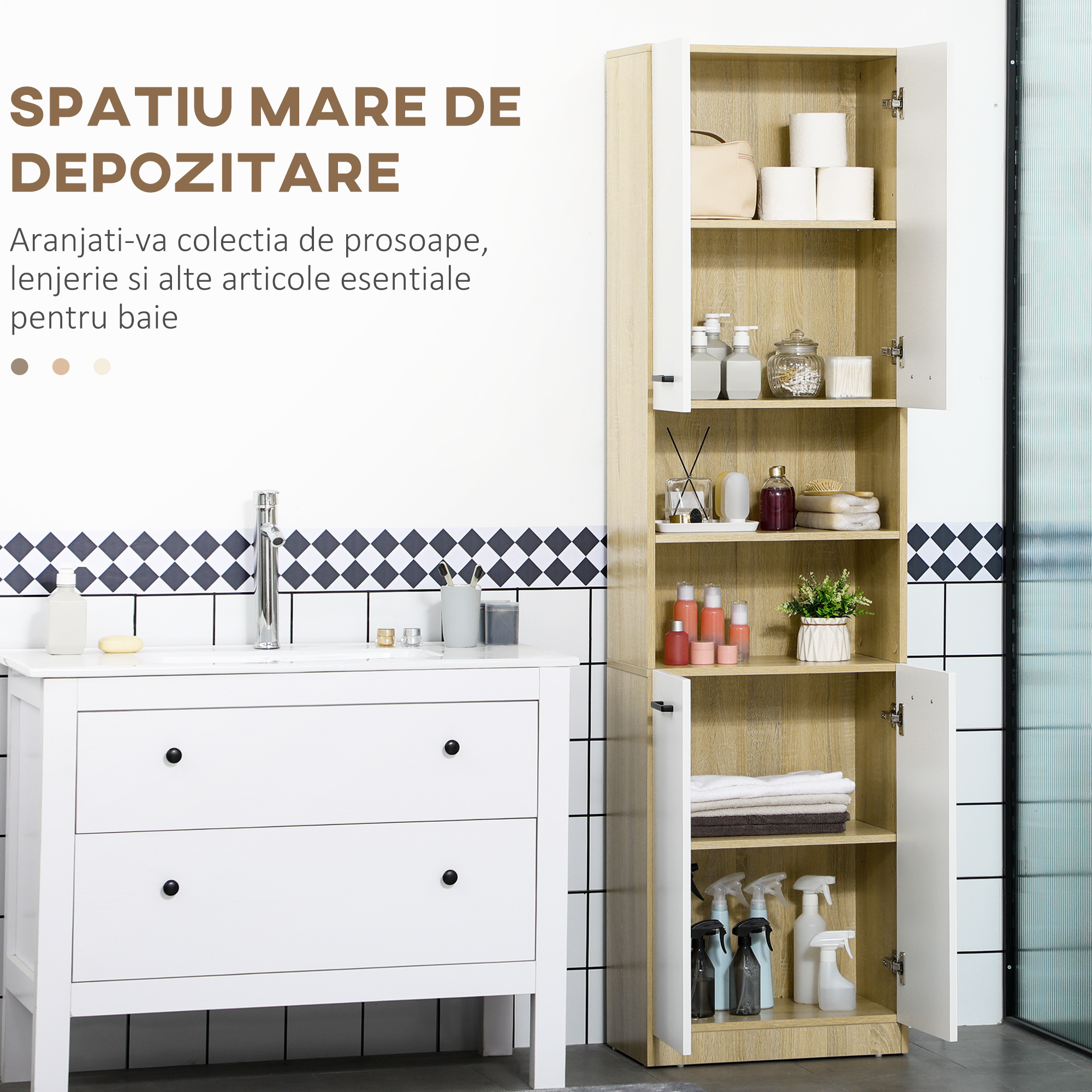  Dulap Baie din PAL Alb cu 2 Dulapioare cu Usi si  2 Rafturi Deschise, Design Anti rasturnare, 53x33.5x195.7 cm [3]