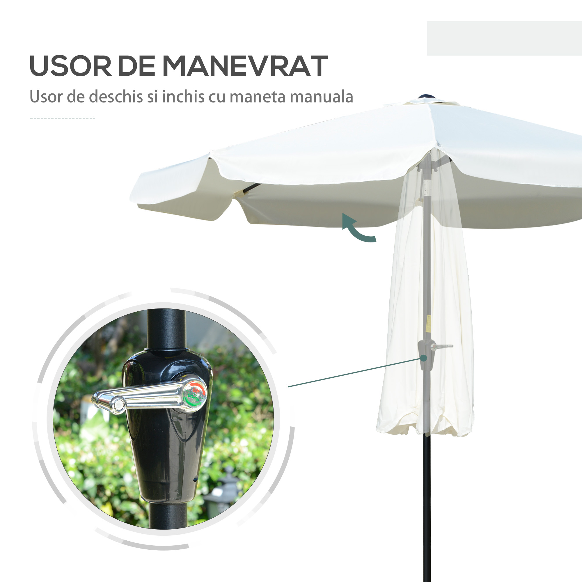  Umbrela Rotunda inclinabila, cu Manivela, din Aluminiu, Metal si Poliester, Ø266x248,5 cm, Alb Crem [4]
