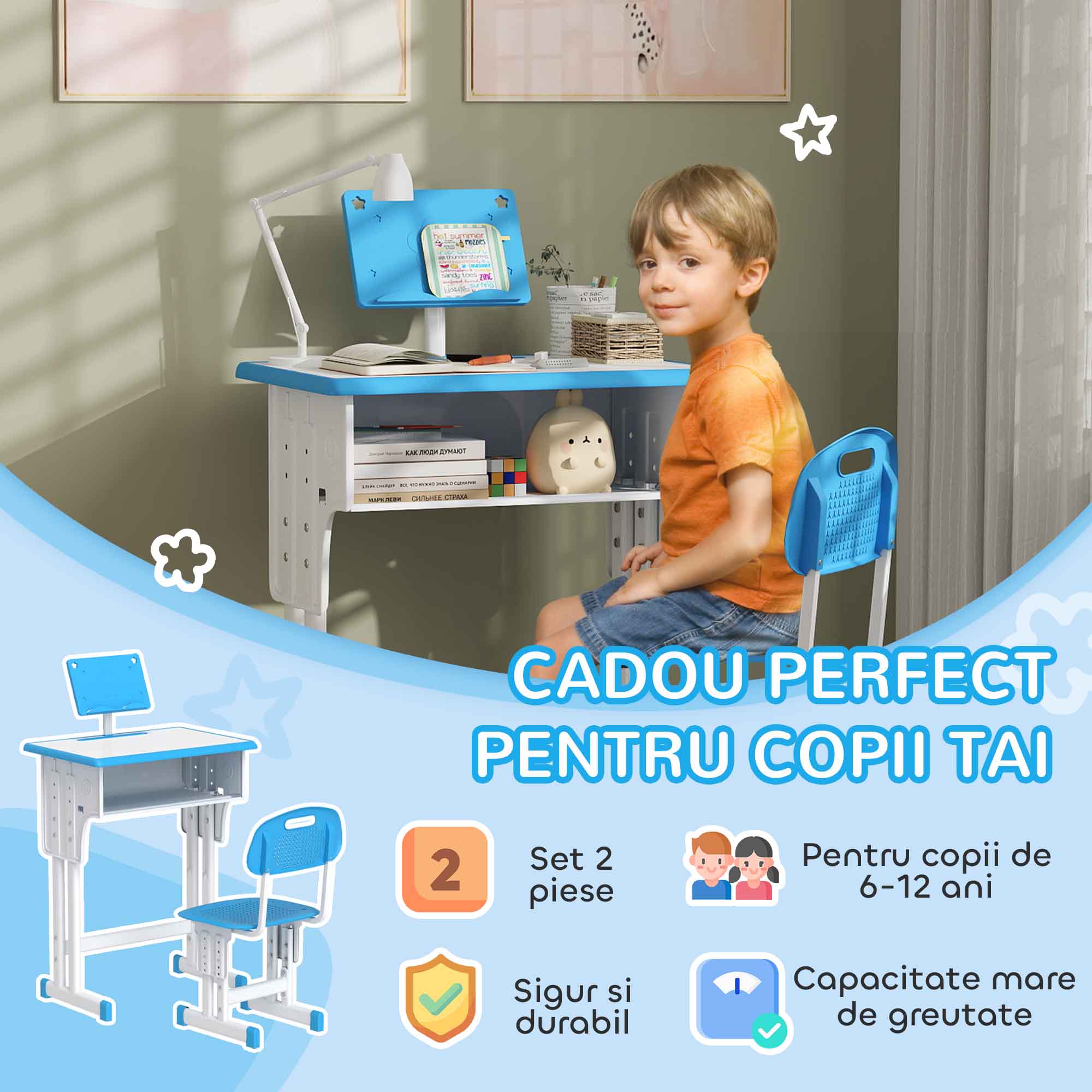  Banca pentru Copii 6-12 Ani, cu inaltime Reglabila, Suport pentru Carti si Raft, 60x45x90-102 cm, Albastru [3]