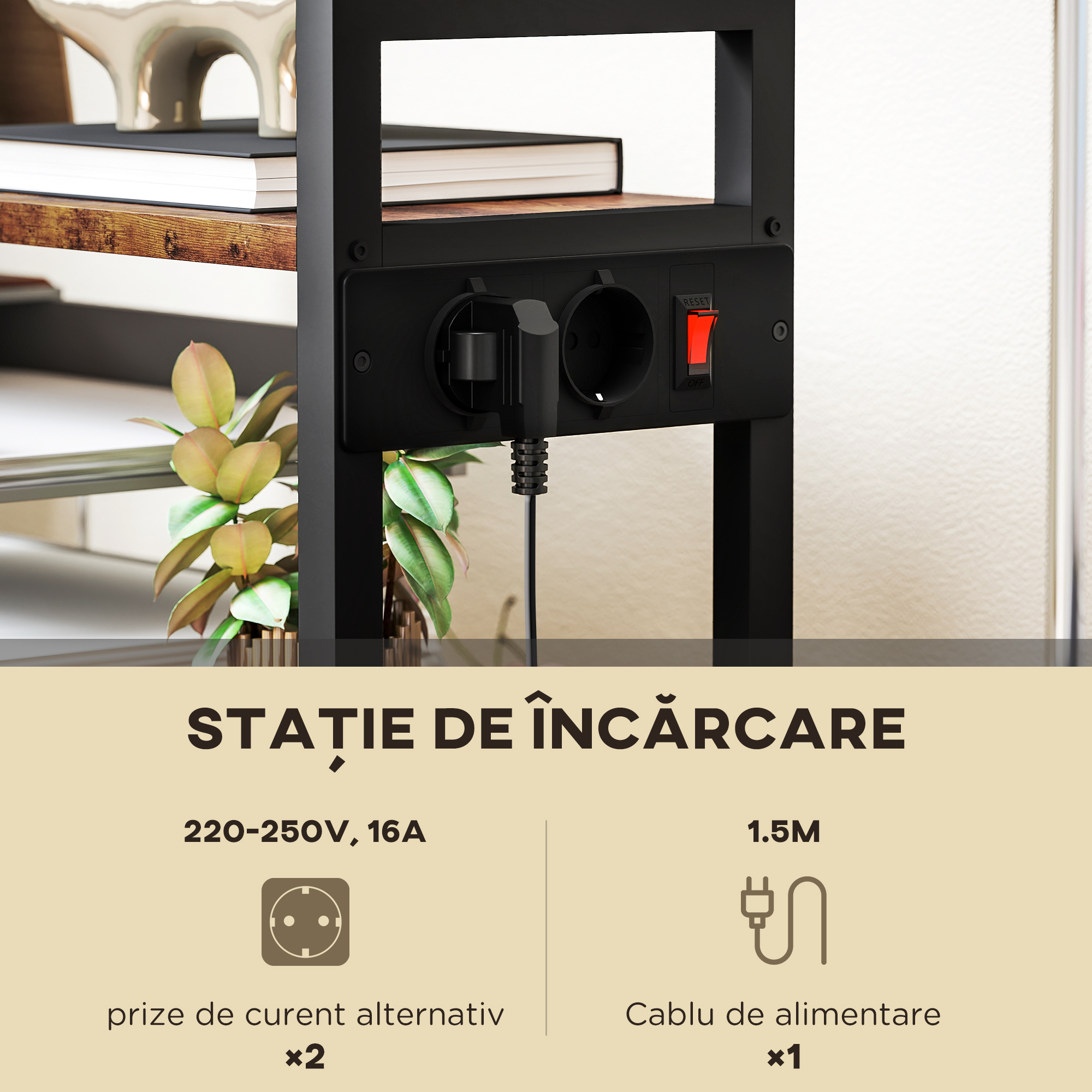  Raft Mobil pentru Imprimanta cu 4 Niveluri, Prize de Curent, Roti si Cadru din Metal, 55x37.5x100 cm, Maro [3]