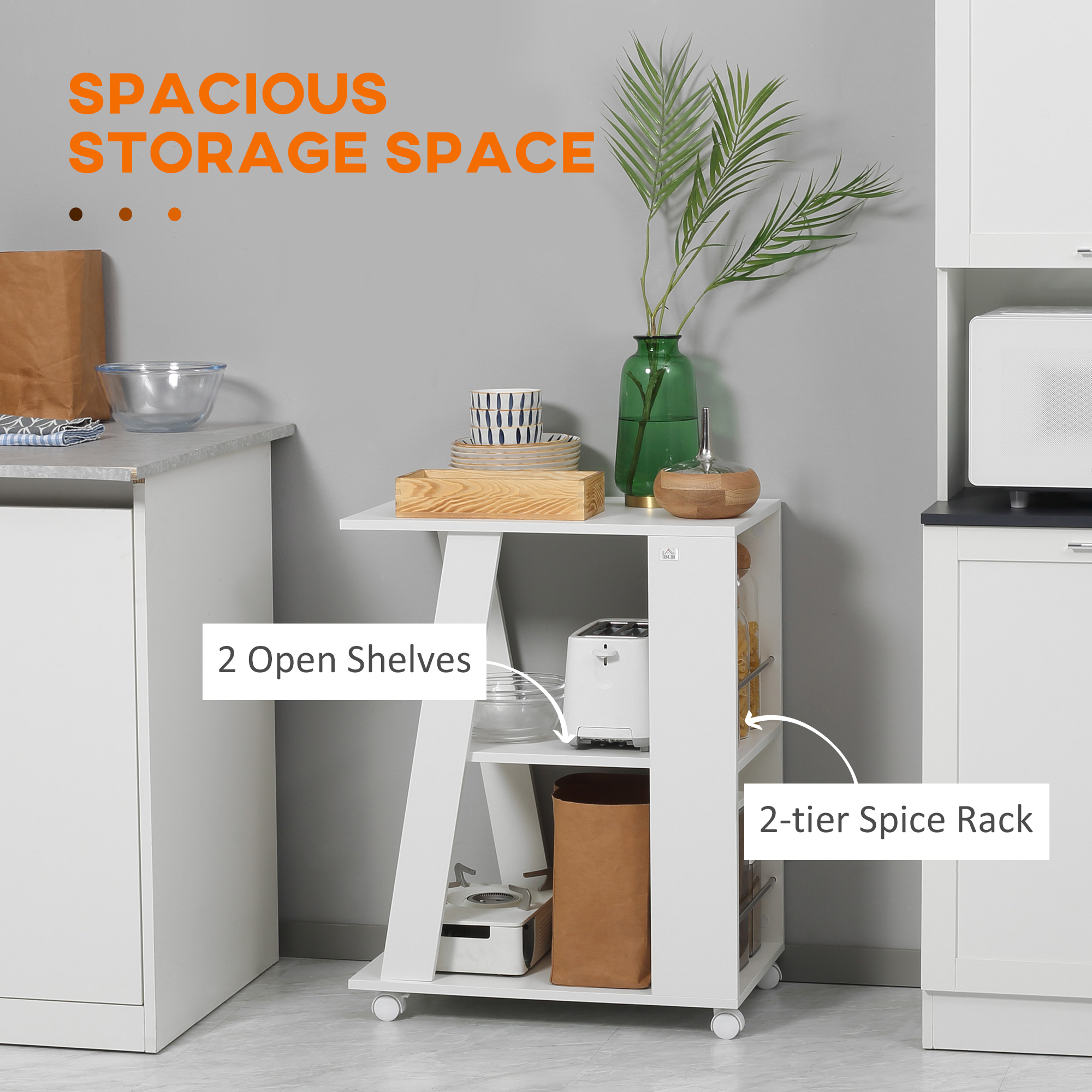  Carucior Bucatarie Lemn Alb - Cu Roti si 2 Rafturi Deschise [3]